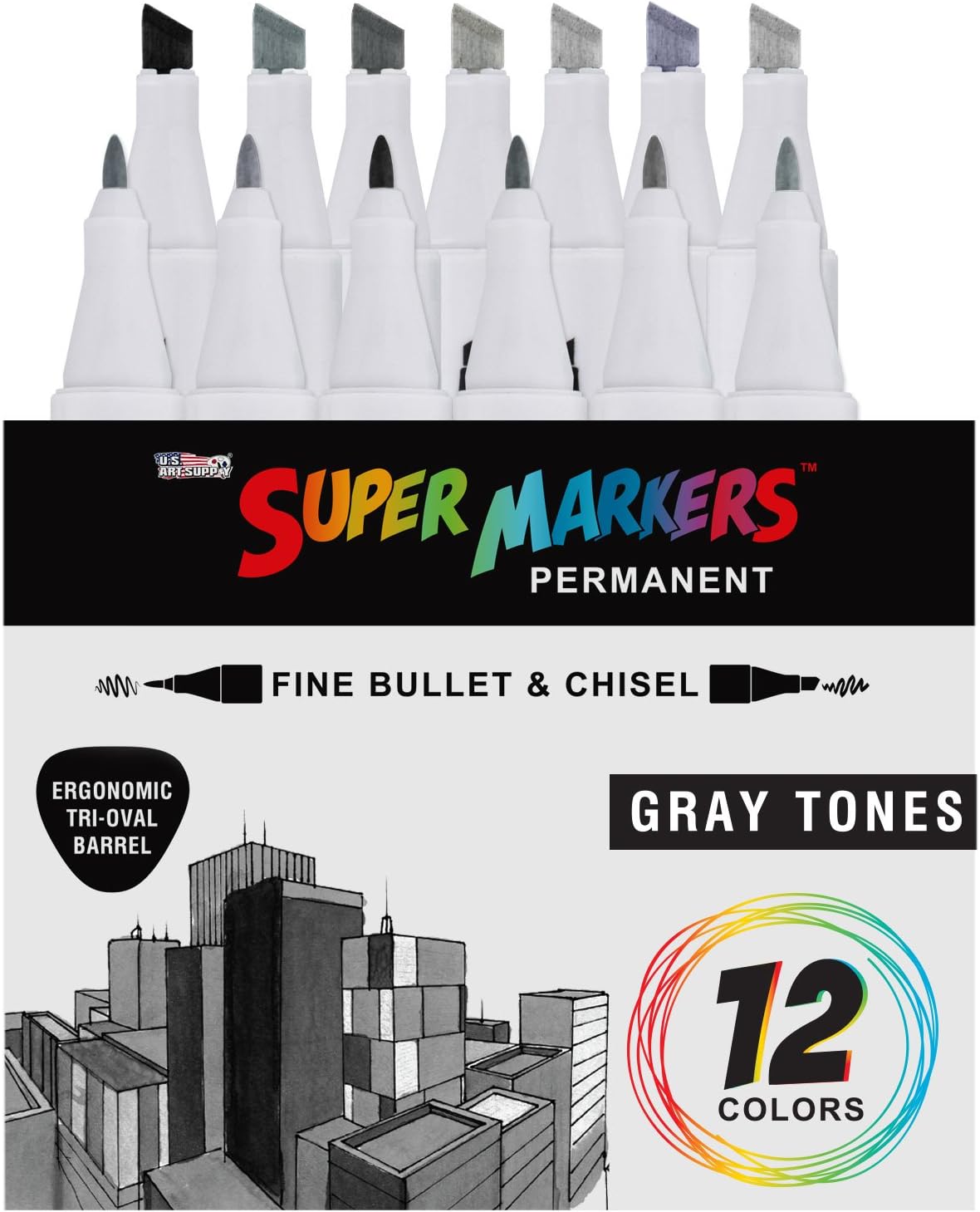 12 Color Super Markers Gray Tones Dual Tip Set - Double-Ended Permanent Art Markers with Fine Bullet and Chisel Point Tips - Ergonomic Tri-Oval Barrels - Draw, Sketch, Shade, Illustrate, Render