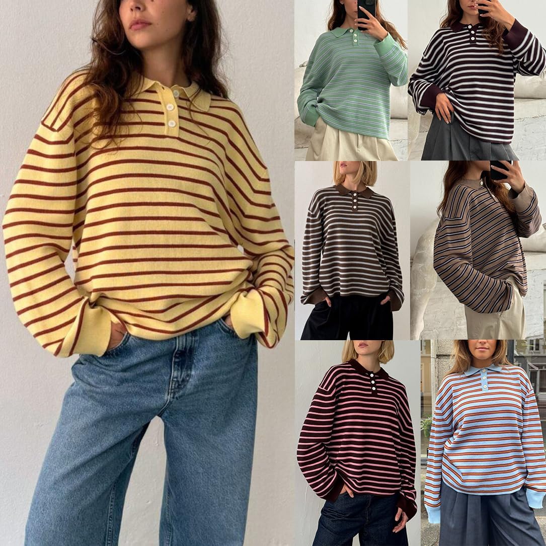 Womens Rugby Polo Shirt Striped Long Sleeve Oversized Collared Pullover Rugby Sweatshirt Y2k Preppy Streetwear - Image 6