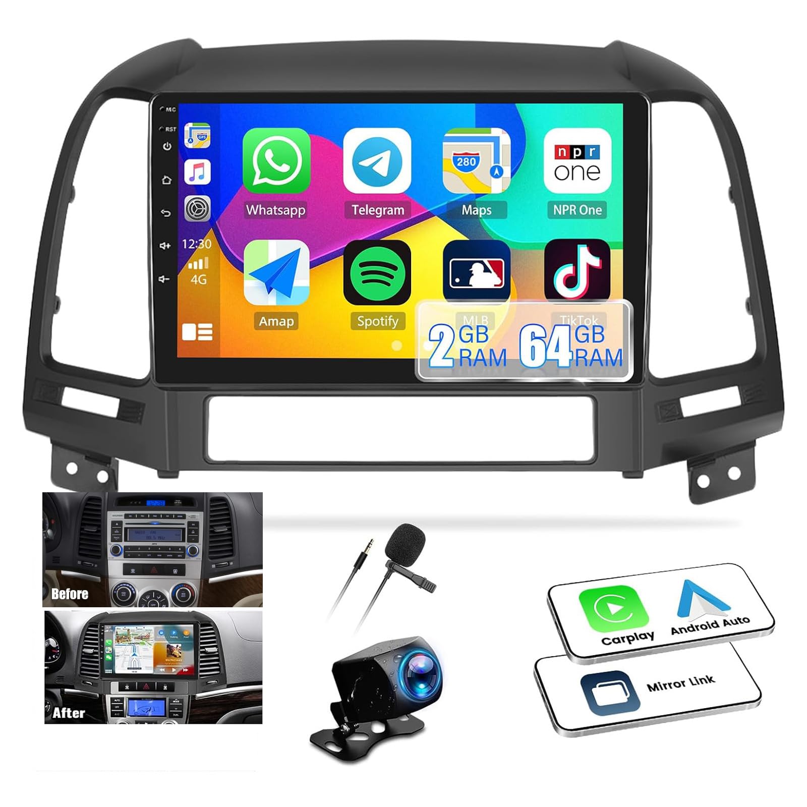 【4-Core+64G】 Android 13 Car Stereo for Hyundai Santa Fe Radio 2006-2012 Wireless A-pple CarPlay Android Auto GPS Navigation 9” HD Touchscreen Bluetooth SWC FM/WiFi/Mirror Link+Backup Camera-image-20