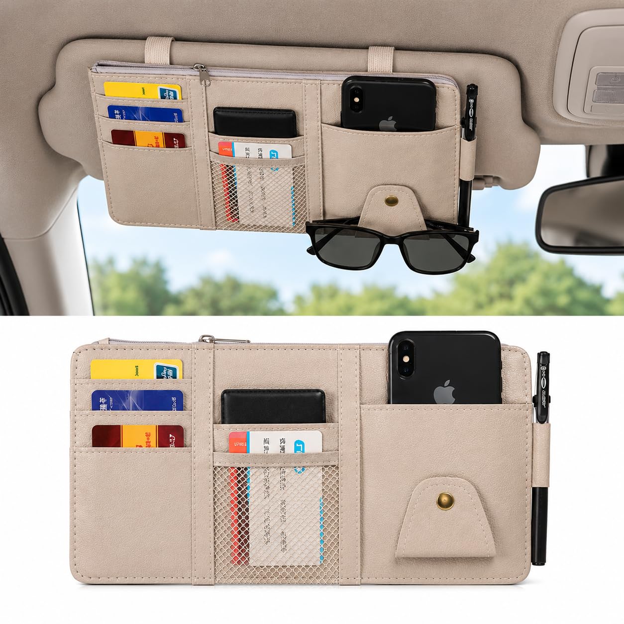 Car Accessories Car Sun Visor Organizer, Sunglass Pen Card Small Document Storage Pouch Holder, PU Leather, Multi-Pocket with Zipper Net (Grey)