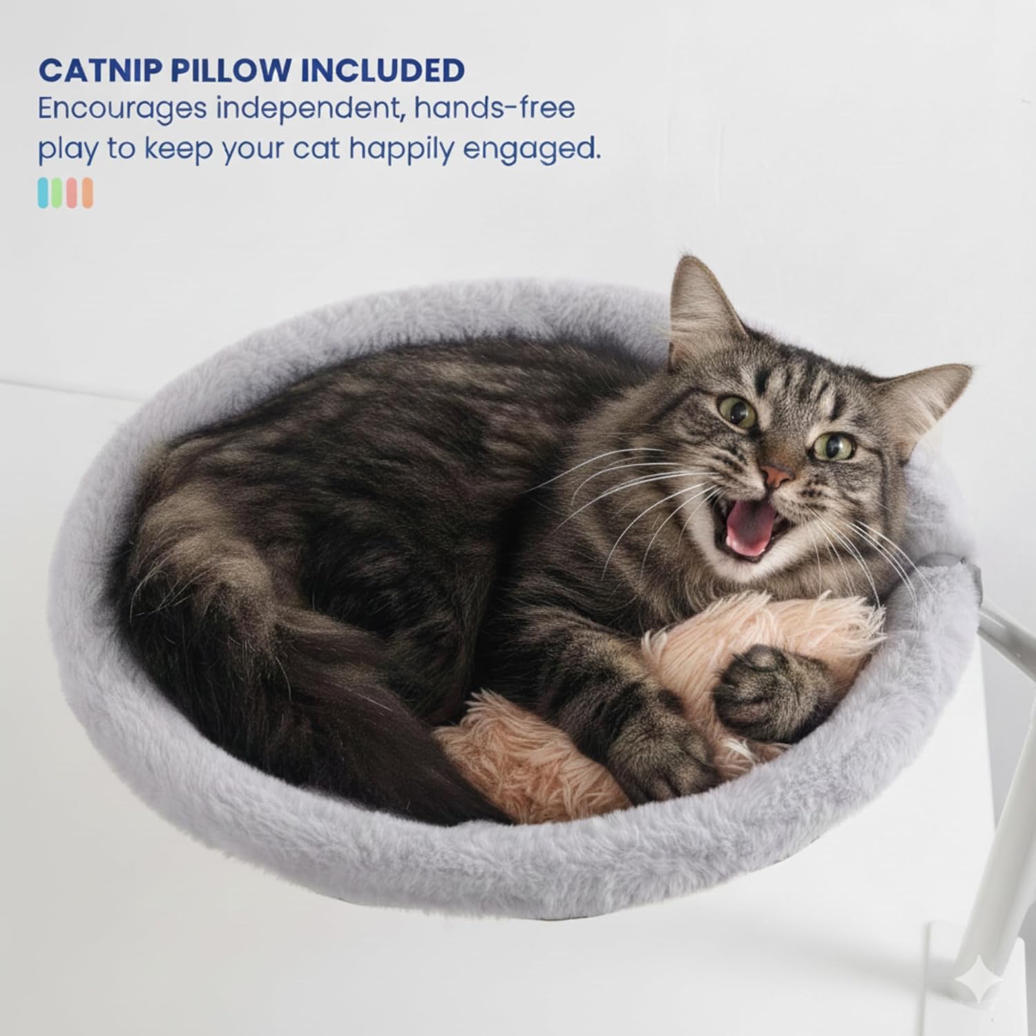 All Season Cat Perch with Catnip Pillow, Cat Desk Bed with 360° Rotation & Height Adjustment, 40LBS Capacity – Summer & Winter Washable & Removable Nests