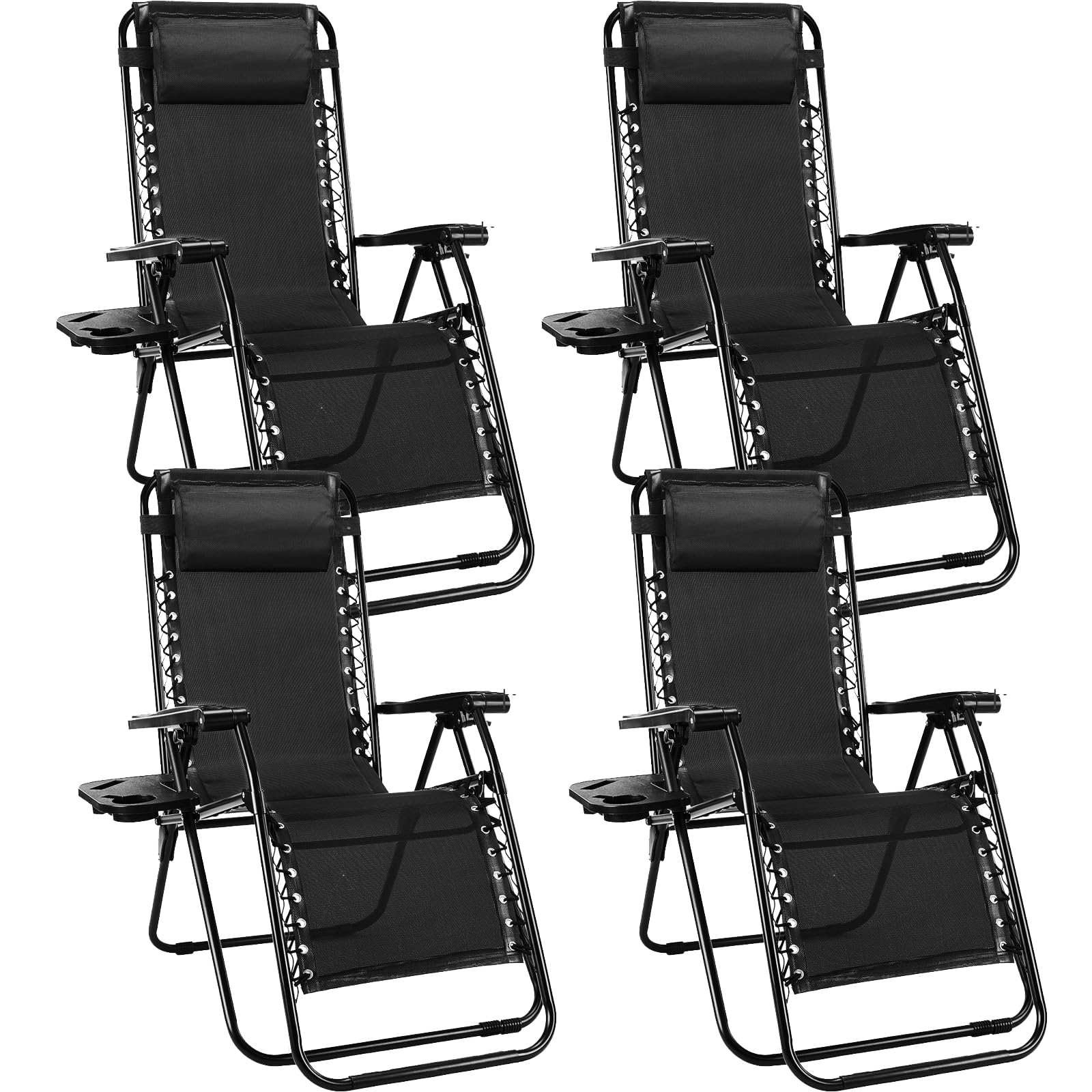 Sweetcrispy Zero Gravity Chairs, Set of 4 Portable Recliner Beach Camping Patio Outdoor Folding Lounge Chair with Cup Holder Trays and Adjustable Pillow for Poolside, Garden, Backyard, Lawn (Black)