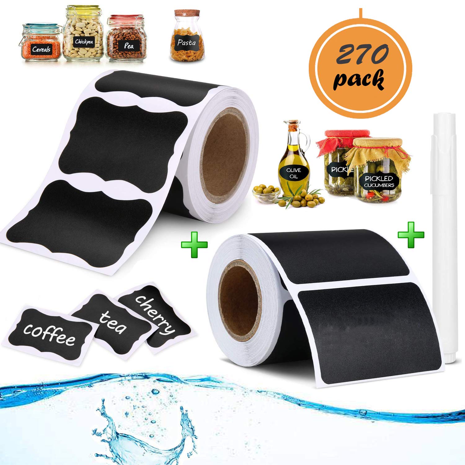 YIKEF Chalkboard Labels 270 pcs Waterproof Chalkboard Stickers with Chalk Marker, Adhesive Chalkboard Stickers for Decorating Jars, Wine, Pantry, Home,Office