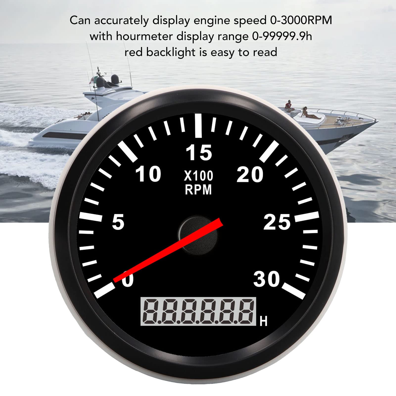 Qiilu 85mm/3.35in Contagiri Motore Marino 3000 RPM IP67 Contagiri Impermeabile Con LCD Contaore Retroilluminazione Rossa per Auto Camion Nave Barca