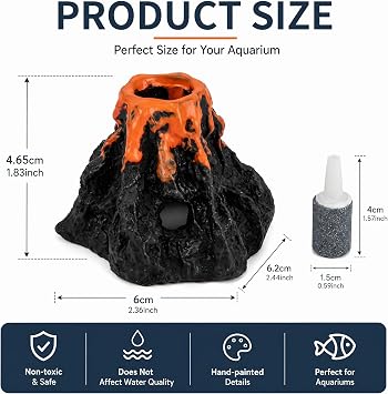 Kemay Aquarium Volcano Ornament Kit with Air Stone Bubbler - Realistic Resin Volcanic Fish Tank Decorations, Small and Medium Aquarium Accessories for Oxygenation and Landscape Decor