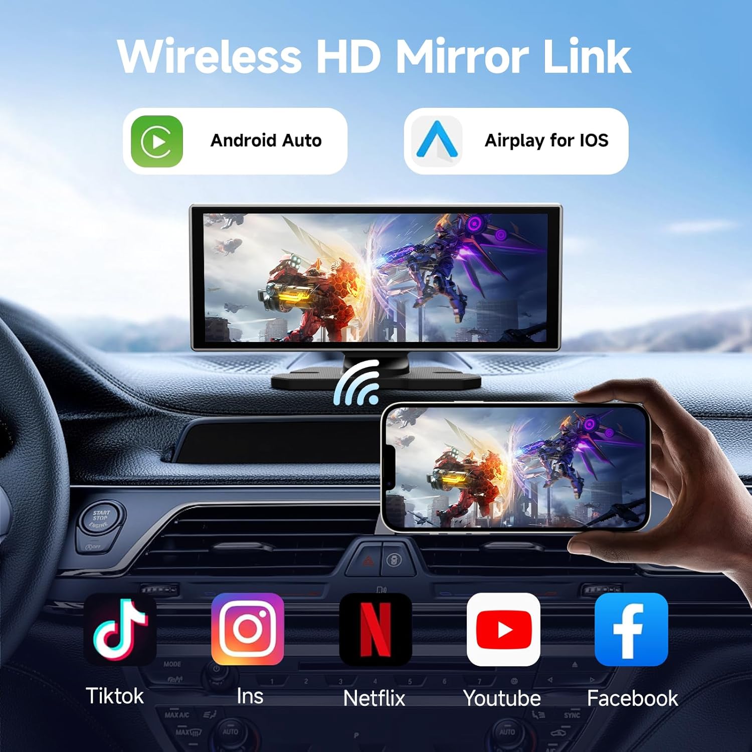 11.26 Inch HD Touchscreen Car Display, Wireless CarPlay/Android Auto Screen for Car, Navigation System with 4K Dash Cam, Backup Camera, 64GB Memory, Voice Control