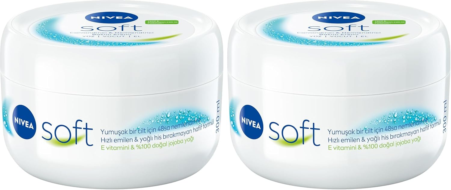 NIVEA Soft Nemlendirici Bakım Kremi 300 ml, 48 Saat Nemlendirme, Jojba Yağı,E Vitamini, Yüz,El,Vücut İçin,Paraben İçermez 2li paket