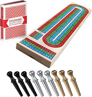 Cribbage Board by Brybelly 3-Track Colour Coded Real Wood Folding Cribbage Game with Deck of Playing Cards and 9 Premium Metal Cribbage Pegs