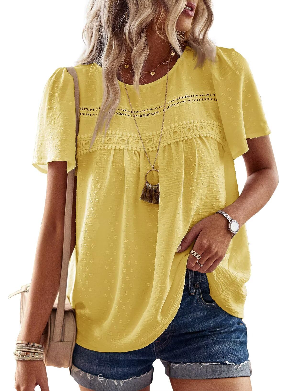 Falechay Womens Summer Tops Crewneck Short Sleeve Shirts Casual Chiffon Blouses Flowy Lace Hem Boho Clothing Trendy 2026
