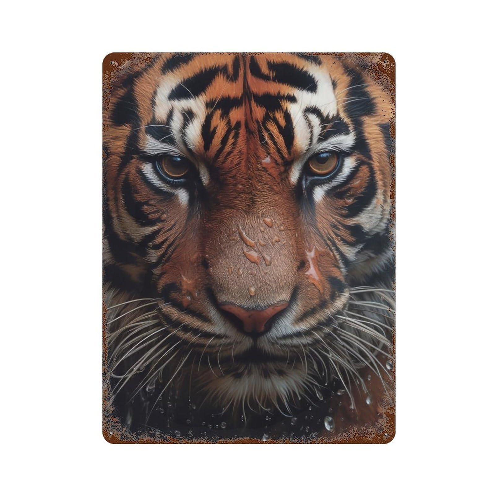 Wet Tiger CloseUp Rust Effect Tin Sign 15.7"x11.8", Retro Wall Decor for Patio, Garden Room And Bar Decor