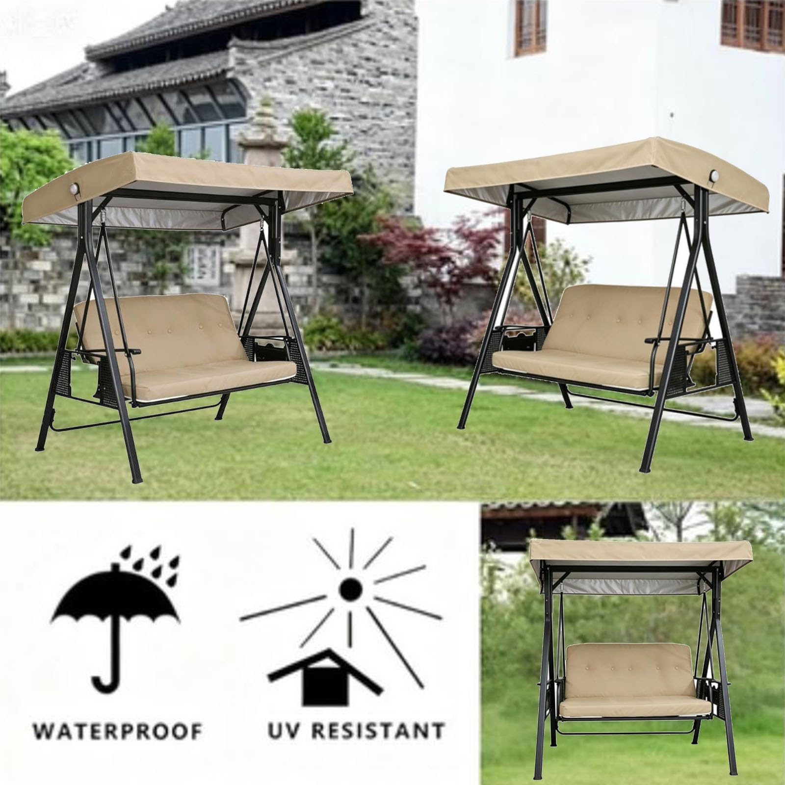 Techo de Repuesto para Balancín de Jardín, Cubierta del Toldo para Columpio, Impermeable y a Prueba de Desgarros, para Columpio para Asiento de Jardín de 2 o 3 Plazas(75 x 47in/191 x 120cm)