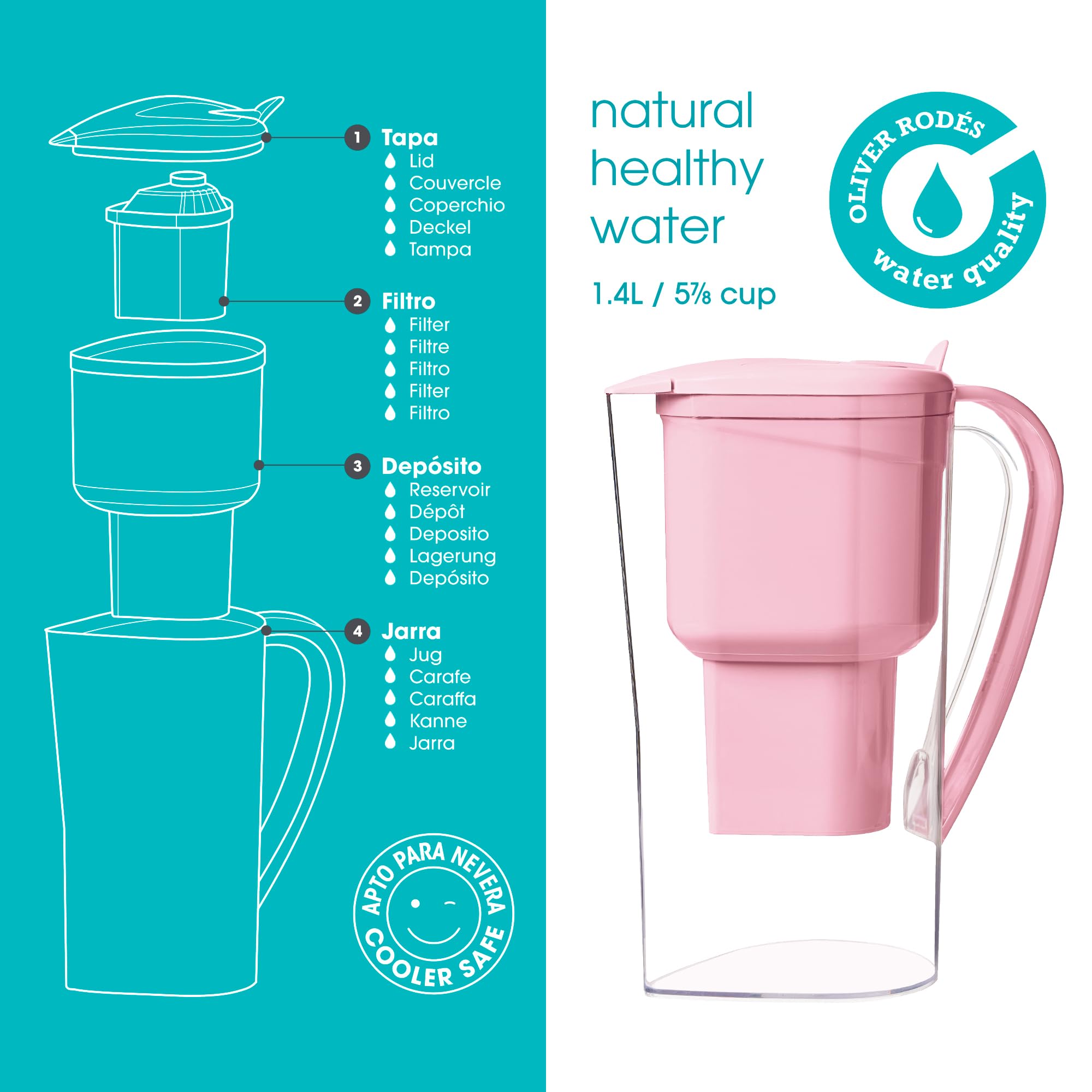 ALKANATUR Caraffa filtrante acqua Alkanatur Drops Rosa | Idrogena + ionizza + apporta magnesio | Elimina cloro + metalli + batteri | Normativa UNE 149101:2015 | Capacità 1.4L senza sostanze tossiche