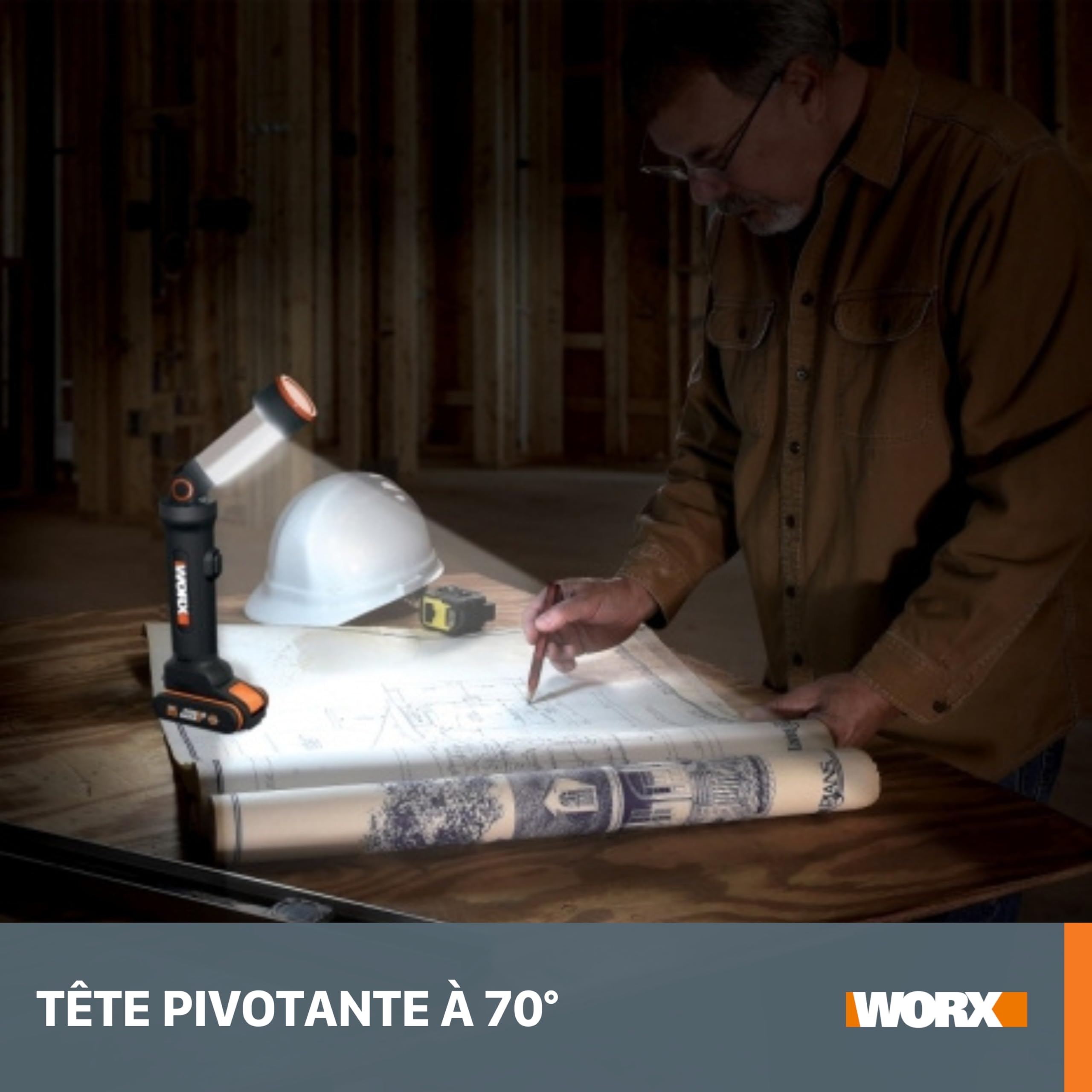WORX Lampe Led 4 en 1 sans Fil 20V WX027.9, Télescopique, Tête Pivotante à 70°, Idéale Pour le Camping et Activités Extérieures, Sans Batterie ni Chargeur