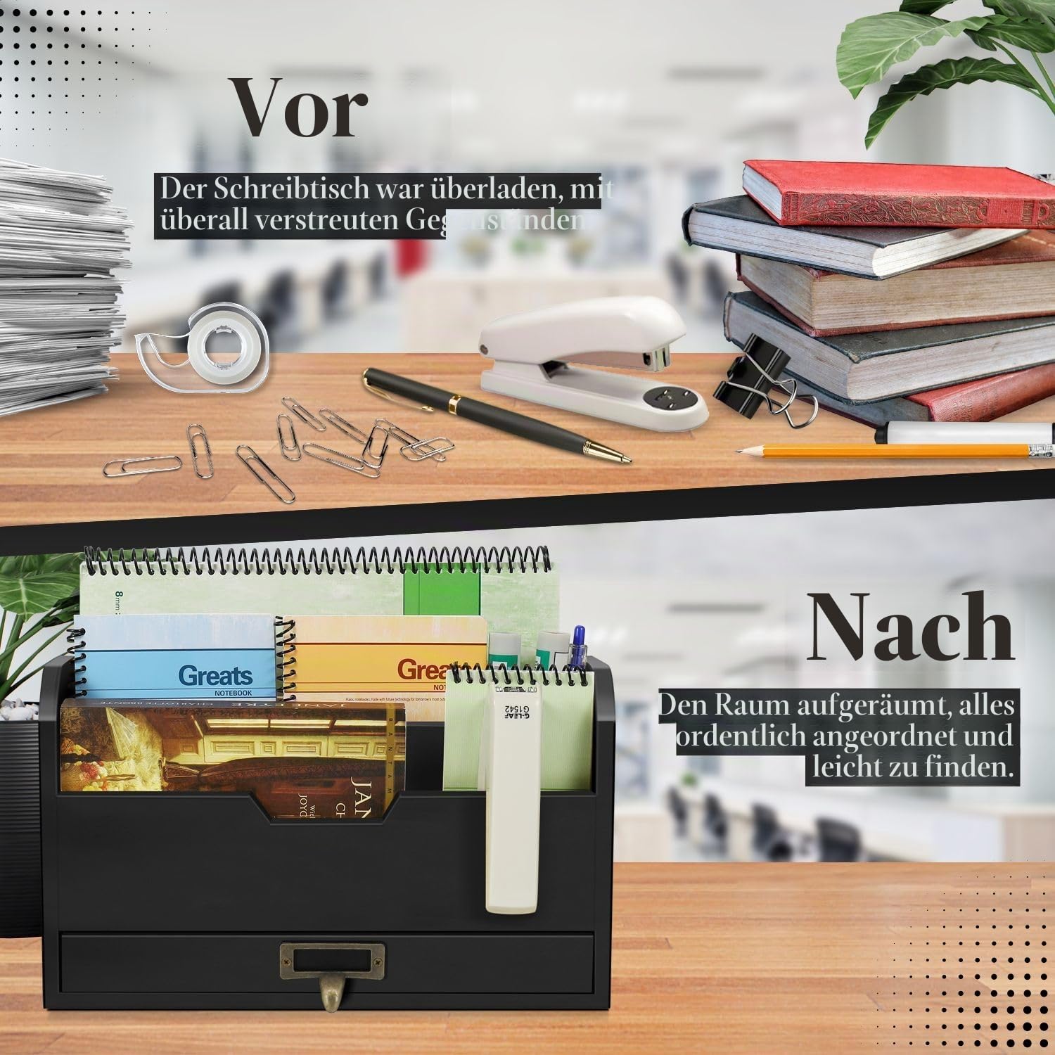 Flexzion Schreibtisch Organizer aus Holz, Rustikaler Regalhalter mit 3 Schubladen & Fächern, Tisch Desk Organizer, Büro Schreibtisch Zubehör, für Buch Stifte Hefter Ordner Klammer Haftnotiz, Hellbraun | Rechnungs- und Aktenordner mit 3 Fächern, einer Schu