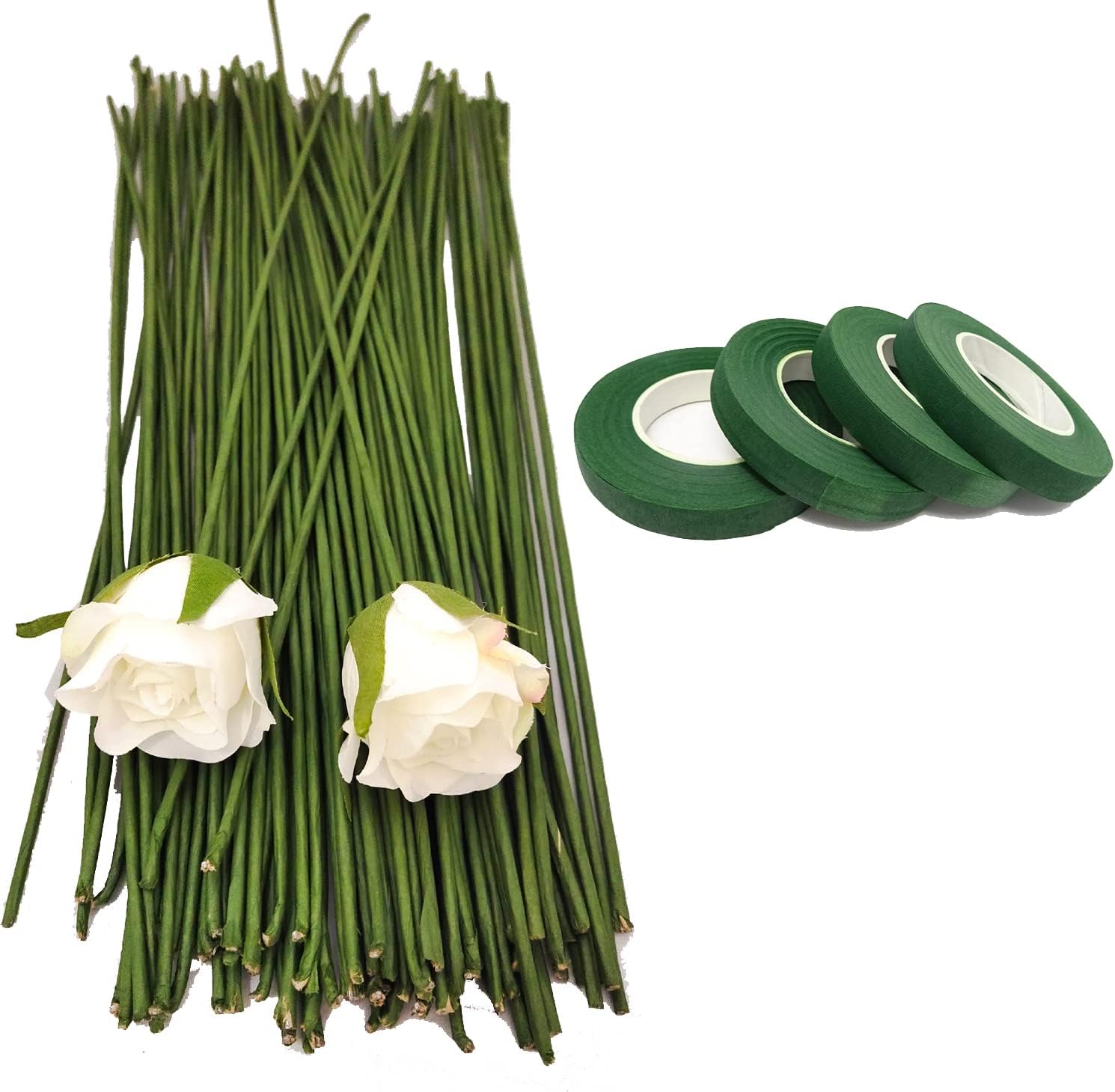 12 Inch Dark Green Floral Stem Wire Crafting Floral Paper Wrapped Wire for Artificial Flowers Making, Plant Stub Stem (100 pc wire & 4pc Tape, Green Floral Wire with Green Floral Tape)