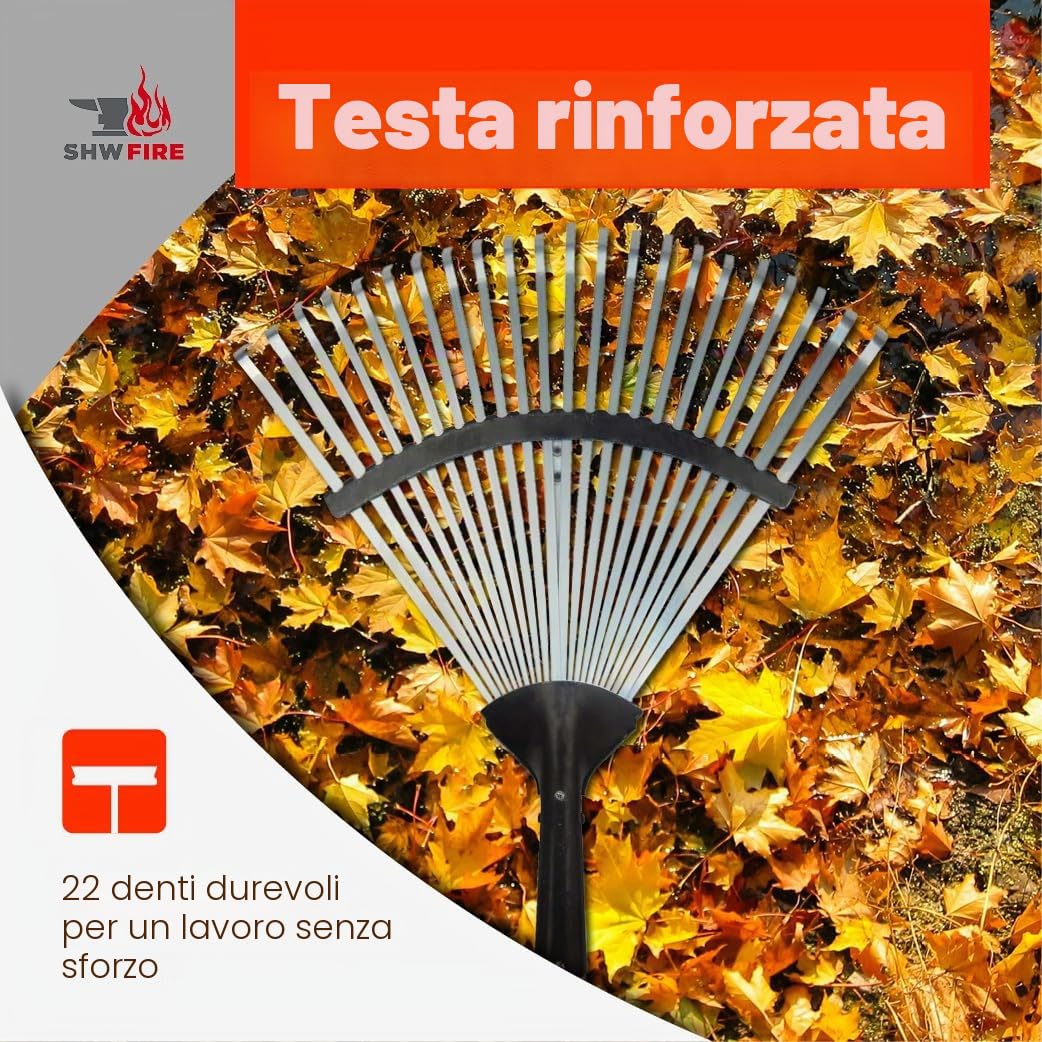 SHW-FIRE 59068 rastrello per foglie professionale, zincata, larghezza regolabile, 22 denti, con manico in legno di frassino, lunghezza di 135 cm, colore argento