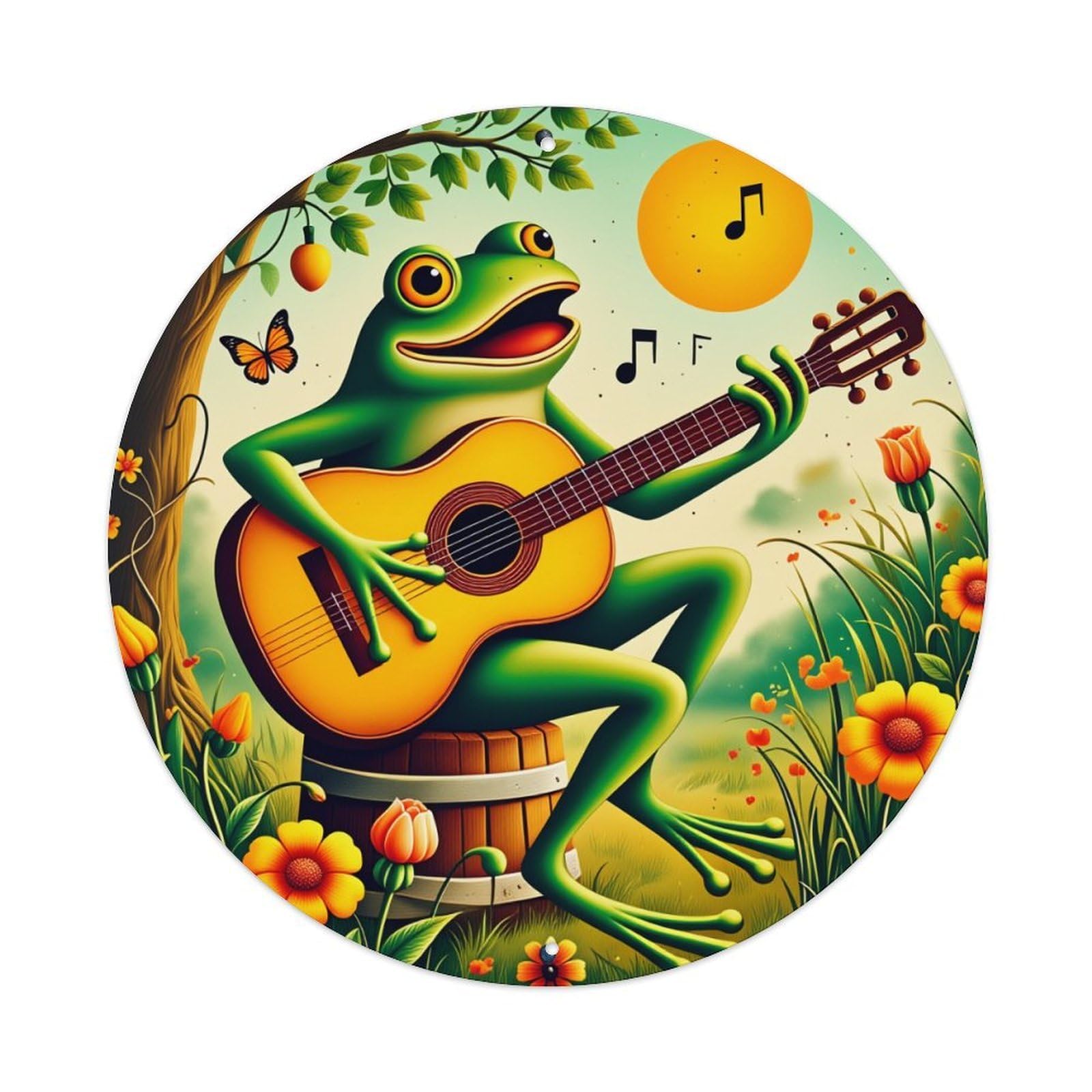 Frog Playing Guitar In Garden Round Tin Sign Vintage Metal Poster, Home Bar Garage Man Cave Cafe Indoor & Outdoor Wall Decoration 8x8Inches