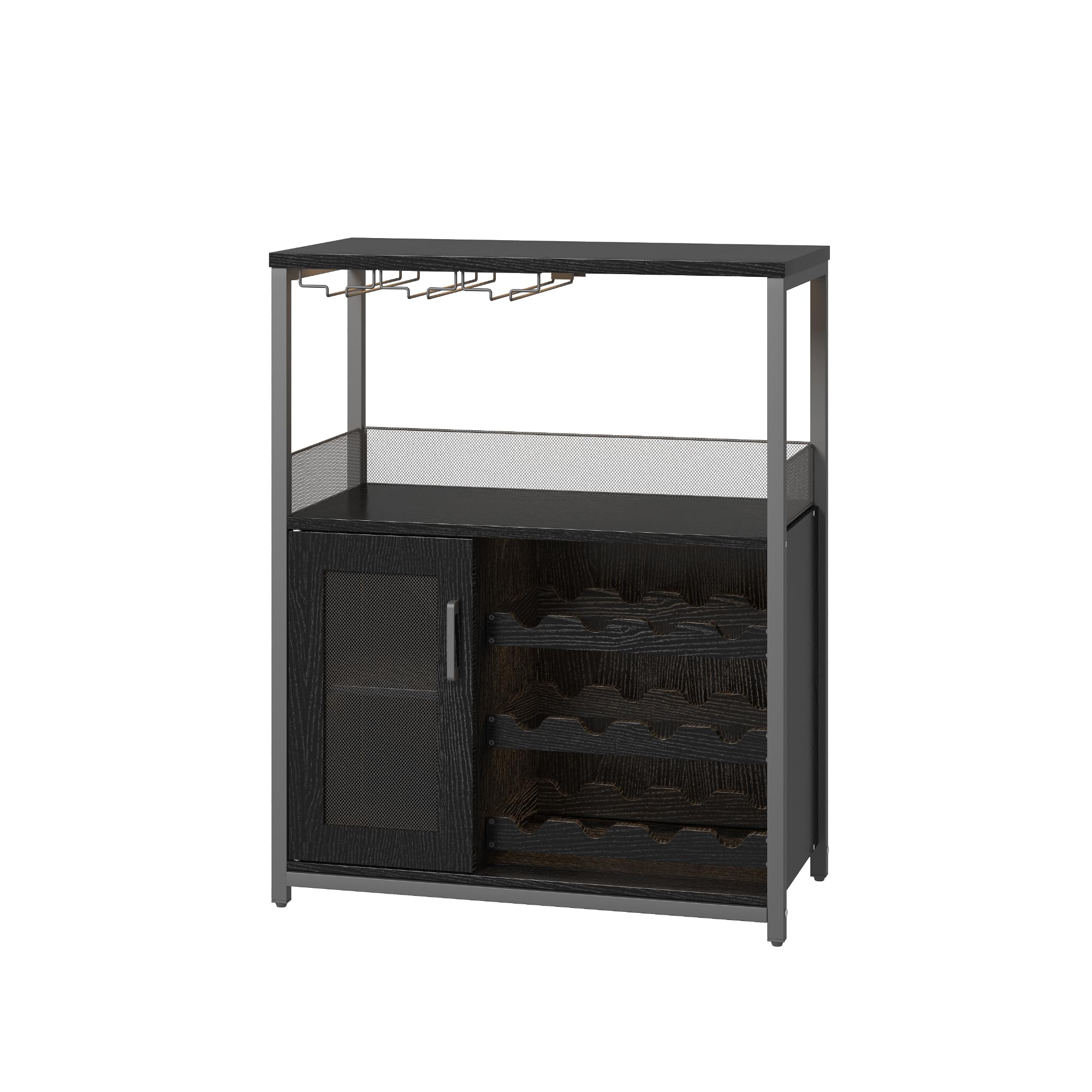 Aptliton Industrial Wine Rack Cabinet with Glass Holder, Rustic Bar Cabinet with Storage Door, Adjustable Shelves & Feet, Metal Frame Wine Storage Sideboard for Living Room Kitchen