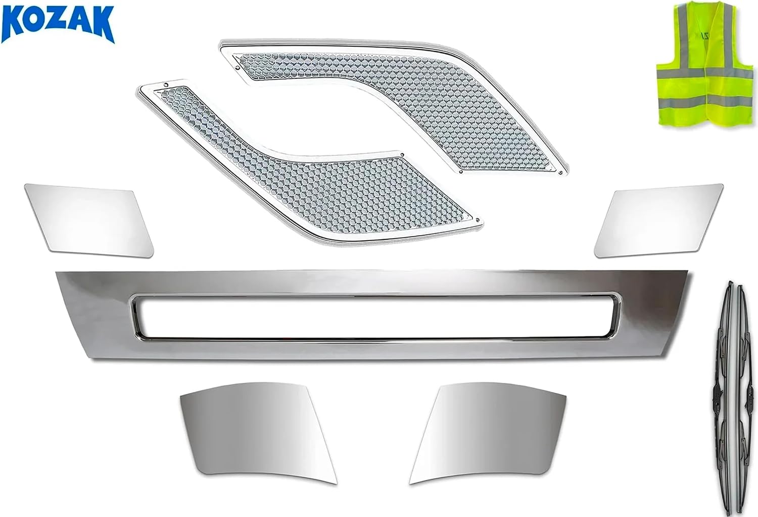 KOZAK Chrome Trim Set compatible with Volvo VNL 2004-2015 - Center Bumper Cover, Trim Cover Set, Behind The Headlight Chrome Trim Set, Air Intake Vent Set PLUS Logo With Stripe