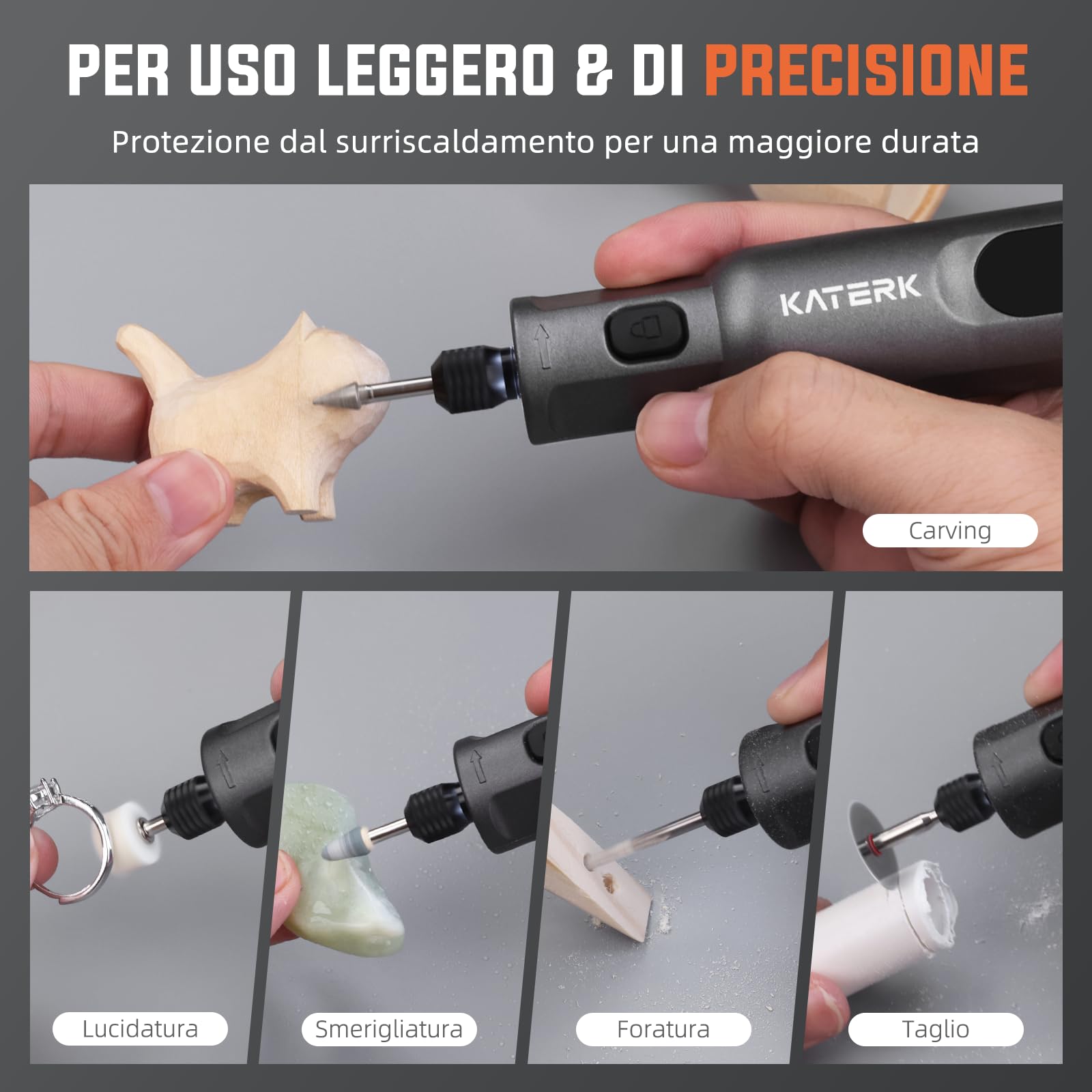 Katerk Kit di Utensile Multifunzione 3.7V Utensile Rotante 20000 giri/min 2500mAh 70 Accessori per Foratura Fresatura Incisione Lucidatura Grigio