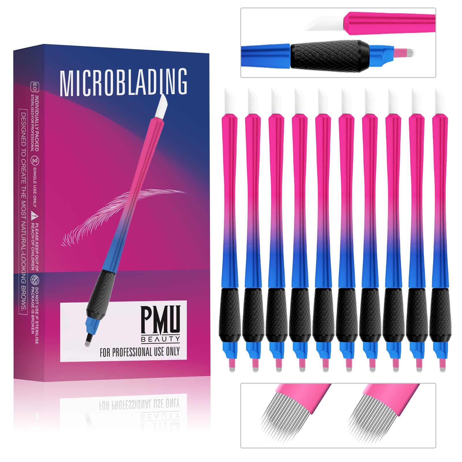 Stylo à microblading jetable stérilisé, 14 lames en forme de U de 0,18 mm, stylo à sourcils manuel, poignée en caoutchouc confortable avec éponge pigmentée pour tatouage des sourcils