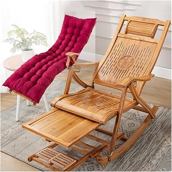 Garden Bamboo Rocking Chair Portable Wooden Adjustable Balcony Lounge Chair Outdoor Sun Loungers with Armrest Foot Massage Pillow,Portable Home Outdoor Garden Old Man Recliner Color with pad