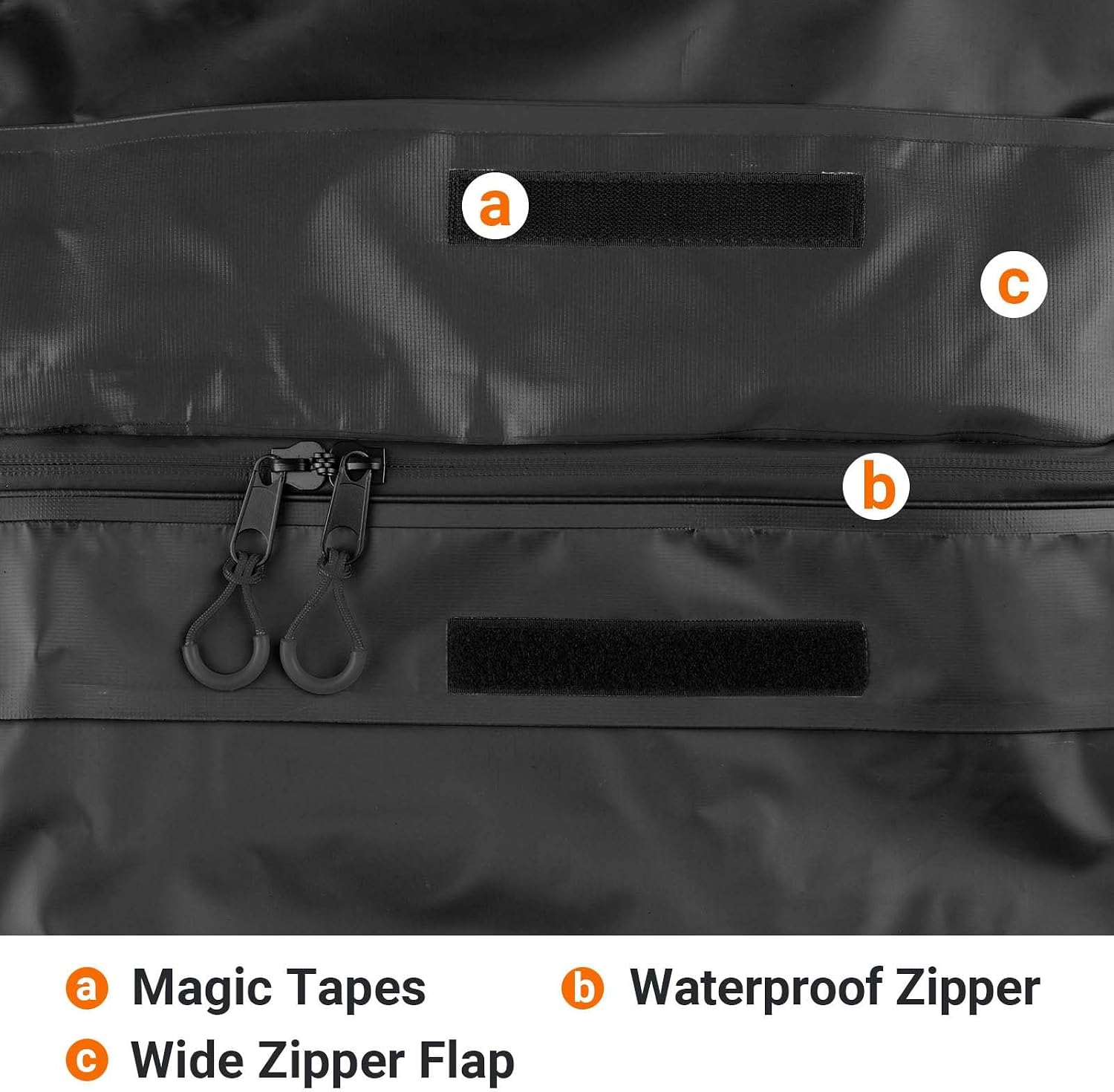 Close-up of waterproof zipper and magic tapes