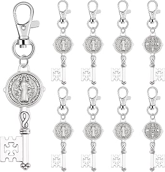 8Pcs Tibetan Silver Medalla de San Benito Keychain Key for Men Women Shaped St Benedict Medals Catholic Religious Key Gift