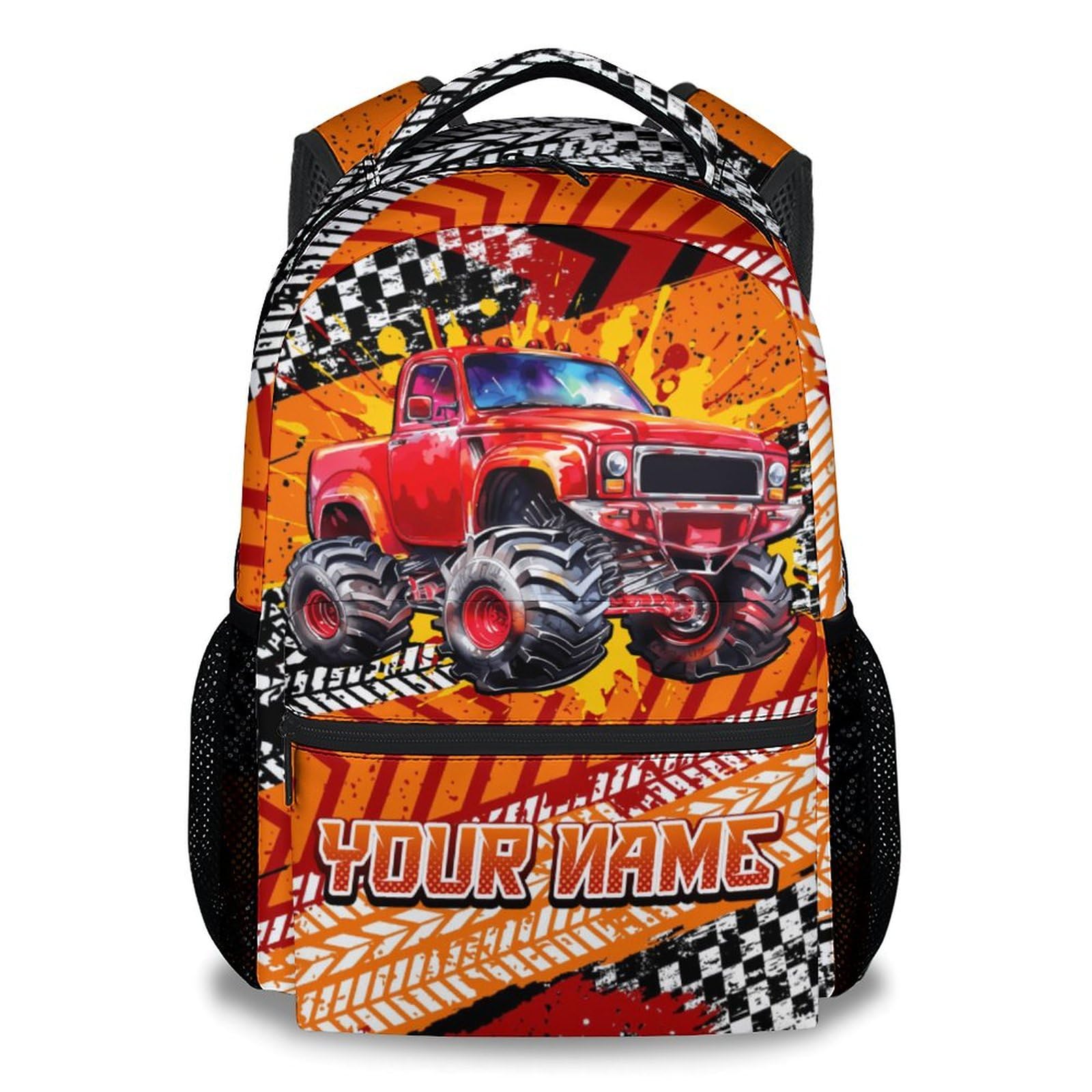 AIOMXZZ School Backpack for Boys, Personalized Truck Backpack for Kids, 17" Racing Bookbag for Toddler, School Bag for Preschool Kindergarten