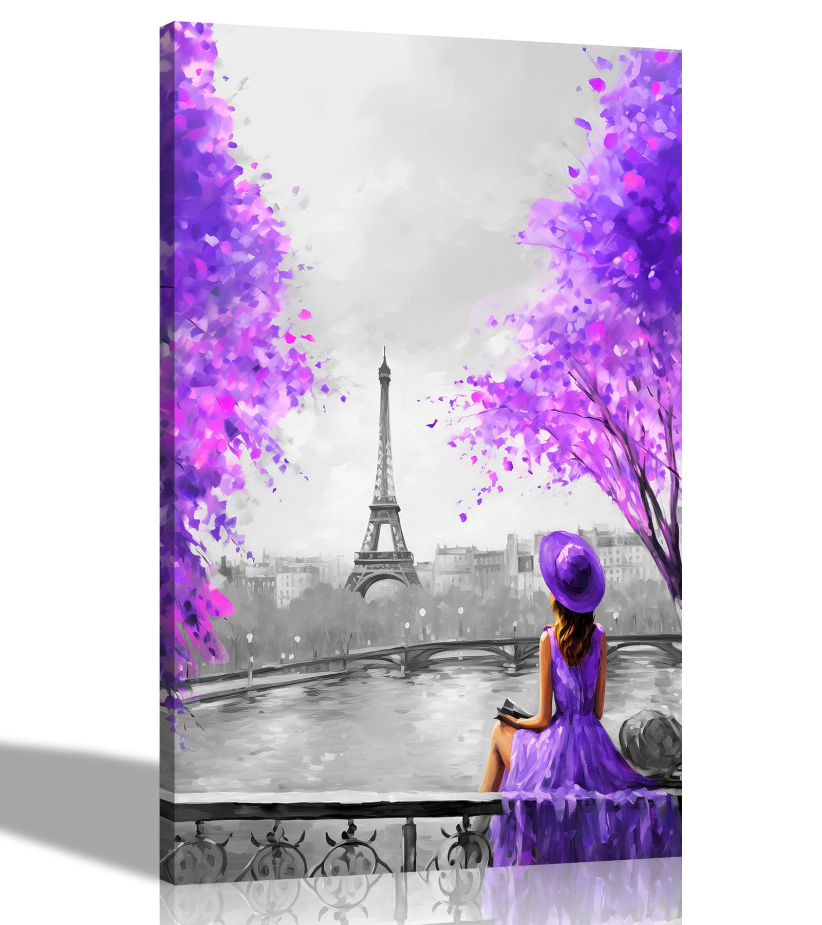 Artley Prints Portrait Grey Purple Black And White Alone And Blissful In Paris Purple Canvas Art Pictures For Wall Home Decor Hanging Prints Abstract City Artwork For Living Room 51 X 35Cm (20 X 14 Inches)