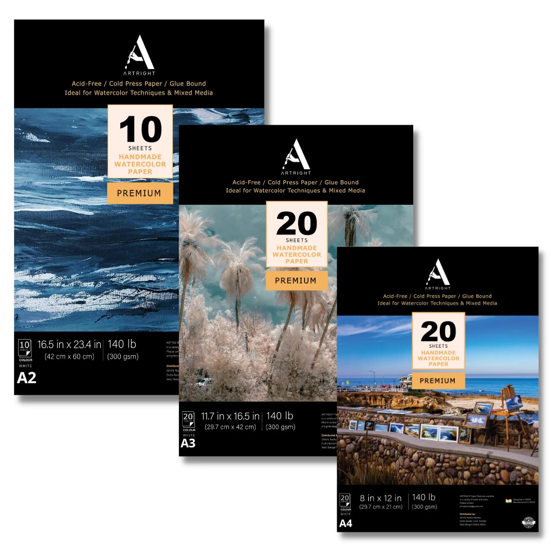 ArtRight Watercolour Paper Combo of A2 (10 Sheets) + A3 (20 Sheets) + A4 (20 Sheets) - Handmade Acid Free Watercolor Papers for Watercolor, Acrylic, Ink and Mixed Media (B09NQ41DG3) Amazon Price History, Amazon Price Tracker