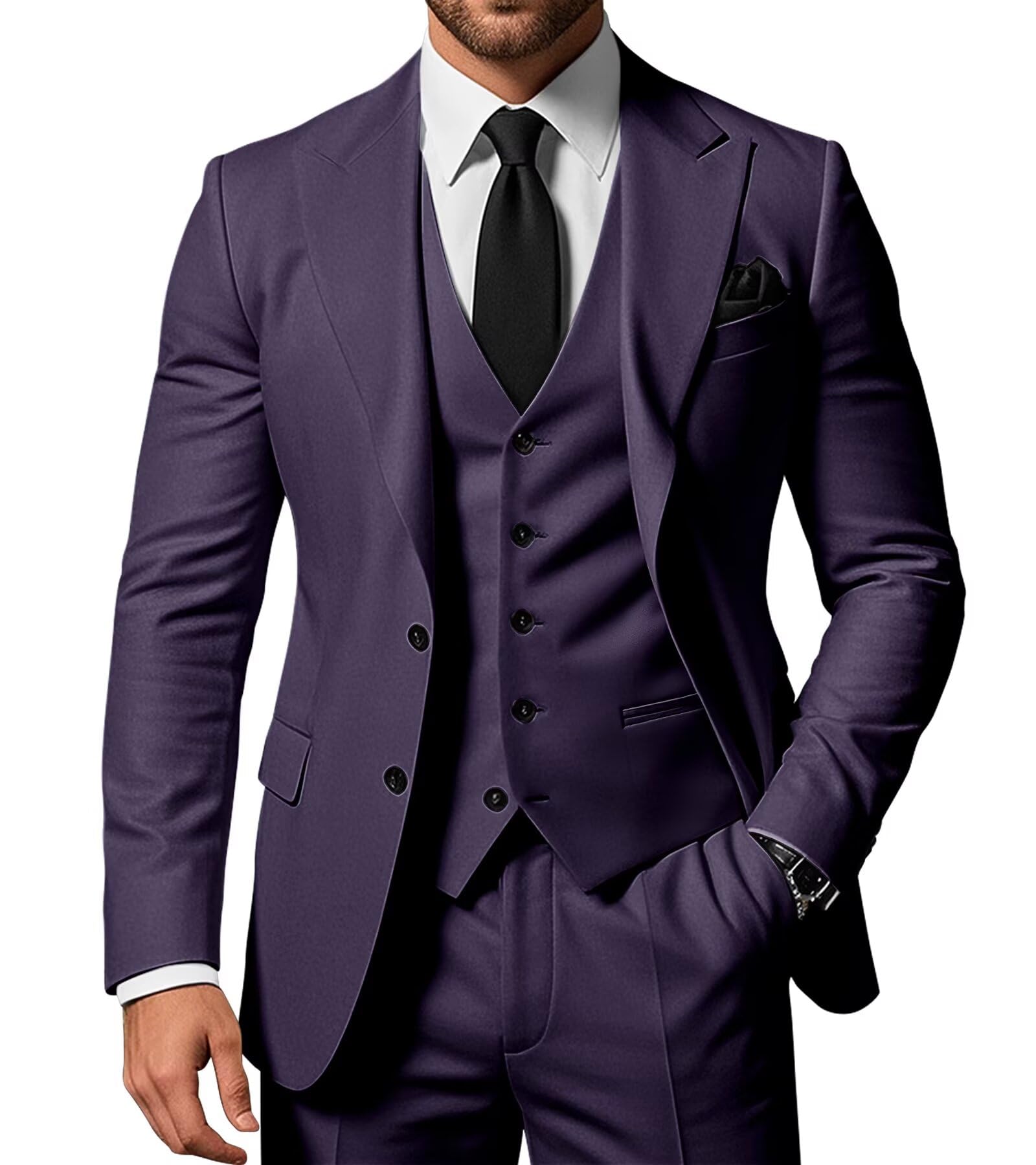 SPTALLFITJSV Men's 3 Piece Suits Slim Fit Peak Lapel 2 Button Blazer Jacket Vest Pants Set Wedding Business Prom Party Suit
