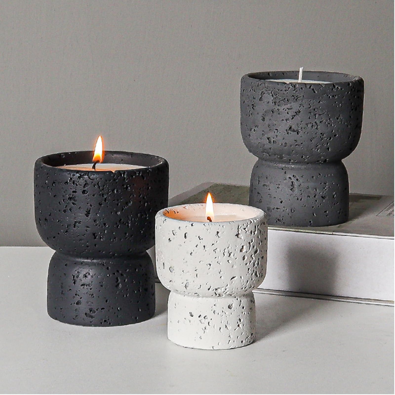 Household Aromatherapy Candle Empty Cup Volcanic Stone Cement Candle Holder Handmade Crafts Indoor Candlestick Decoration Ornaments (Off white)