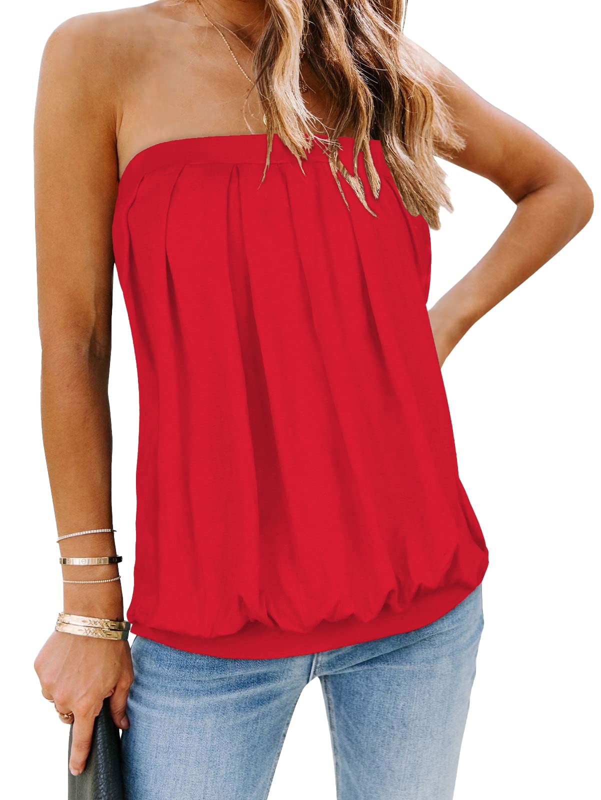 Women's Strapless Tops Summer Casual Bandeau Tank Casual Tunic Tube Blouse Shirts (Red,L)