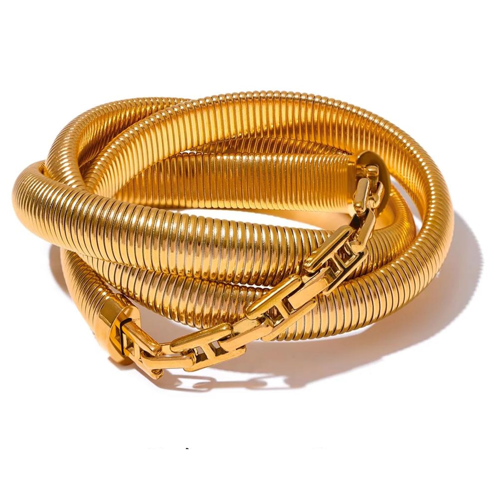 Pulsera gruesa elástica de acero inoxidable en capas, impermeable, chapada en oro de 18 quilates, unisex, joyería de moda
