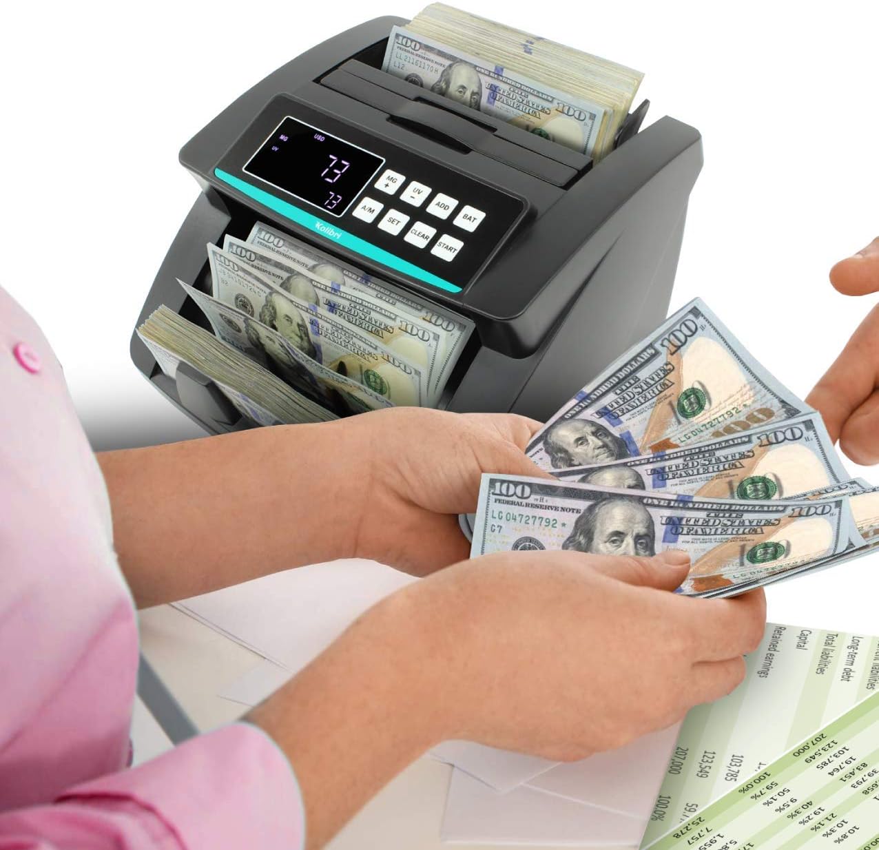 Kolibri Money Counter with UV/MG/IR/DBL/HLF/CHN Counterfeit Detection - Bill Counting Machine - Large LED Display - 1,500 Bills/Min - Doesn't Count Value - 1-Year Warranty : Office Products