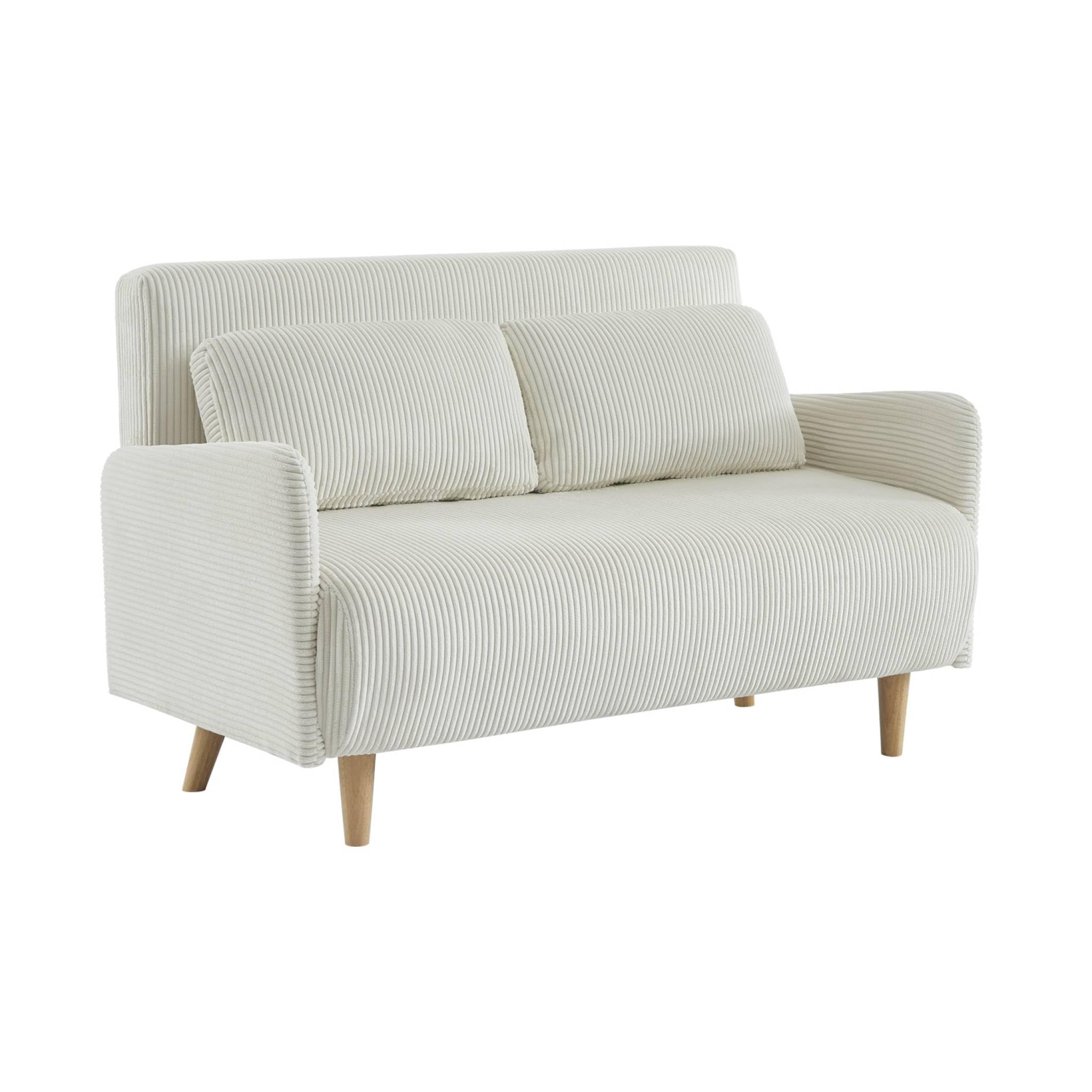 sweeek - Canapé Convertible en Velours côtelé - Panam - 2 Places scandinave. Pieds Bois. Blanc. Banquette. Dossier inclinable
