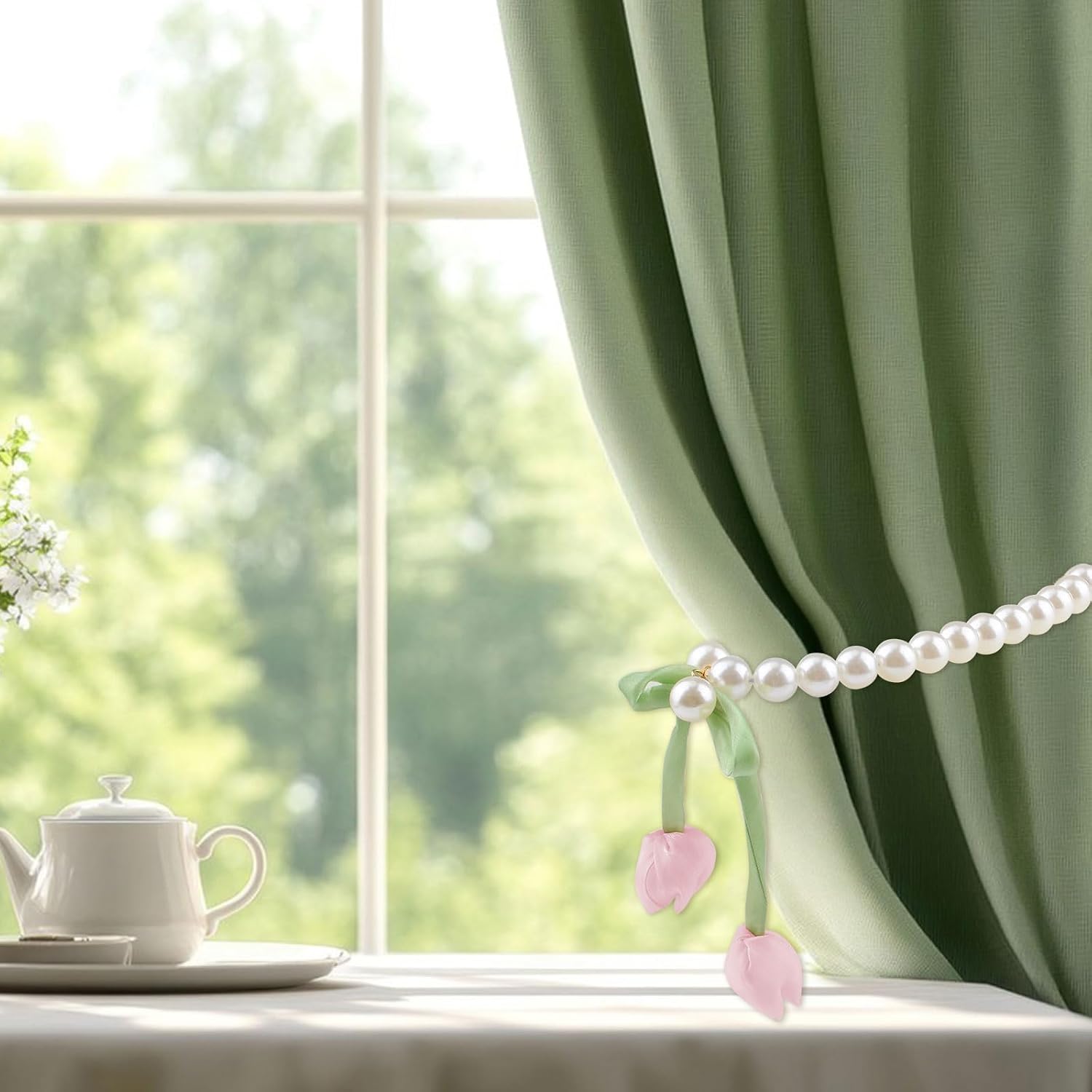 Magnetic Curtain Tieback 2Pcs Elegant Pearl Drapery Holdback with Handmade Flower Decorative Curtain Ties for Home Office (Pink Tulip Bow)