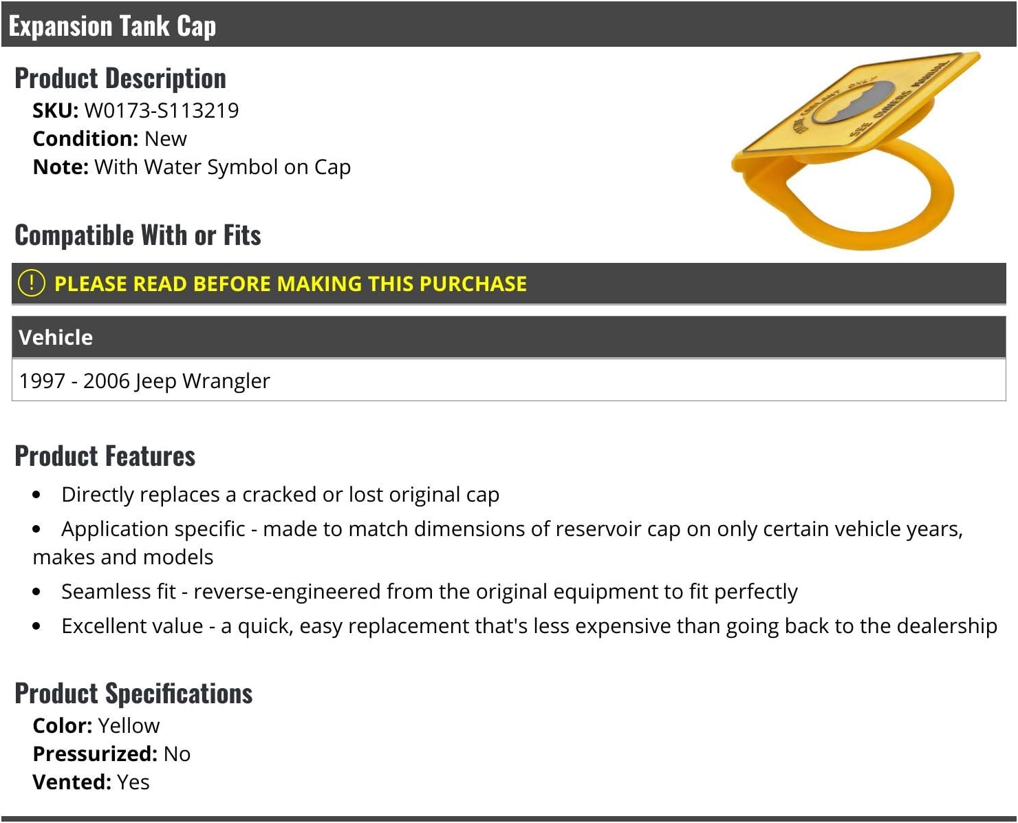 Marketplace Auto Parts Radiator Coolant Overflow Expansion Tank Cap - Compatible with 1997-2006 Jeep Wrangler