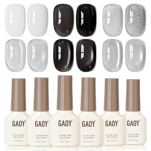 GAOY Black and White Gel Polish Set, Sliver Cat Eye, Opal White, Jelly Black Glitter Reflective Gel, Magnetic Holographic DIY Nail Art - Celestial Noir