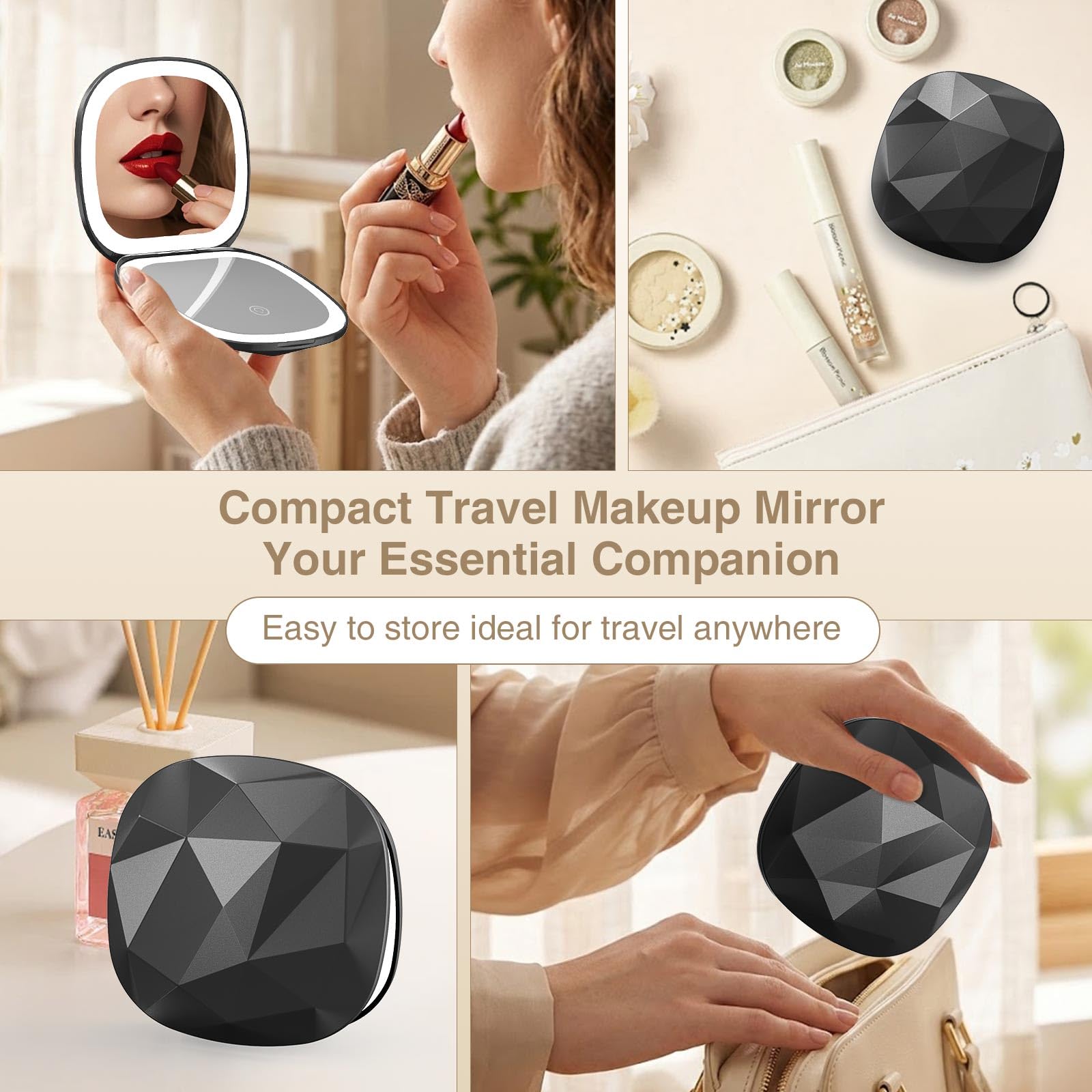 Specchio da viaggio per il trucco con luce, ingrandimento 10X/1X, specchio compatto per borsa, portatile su entrambi i lati, pieghevole, tascabile, LED dimmerabile e ricaricabile tramite USB