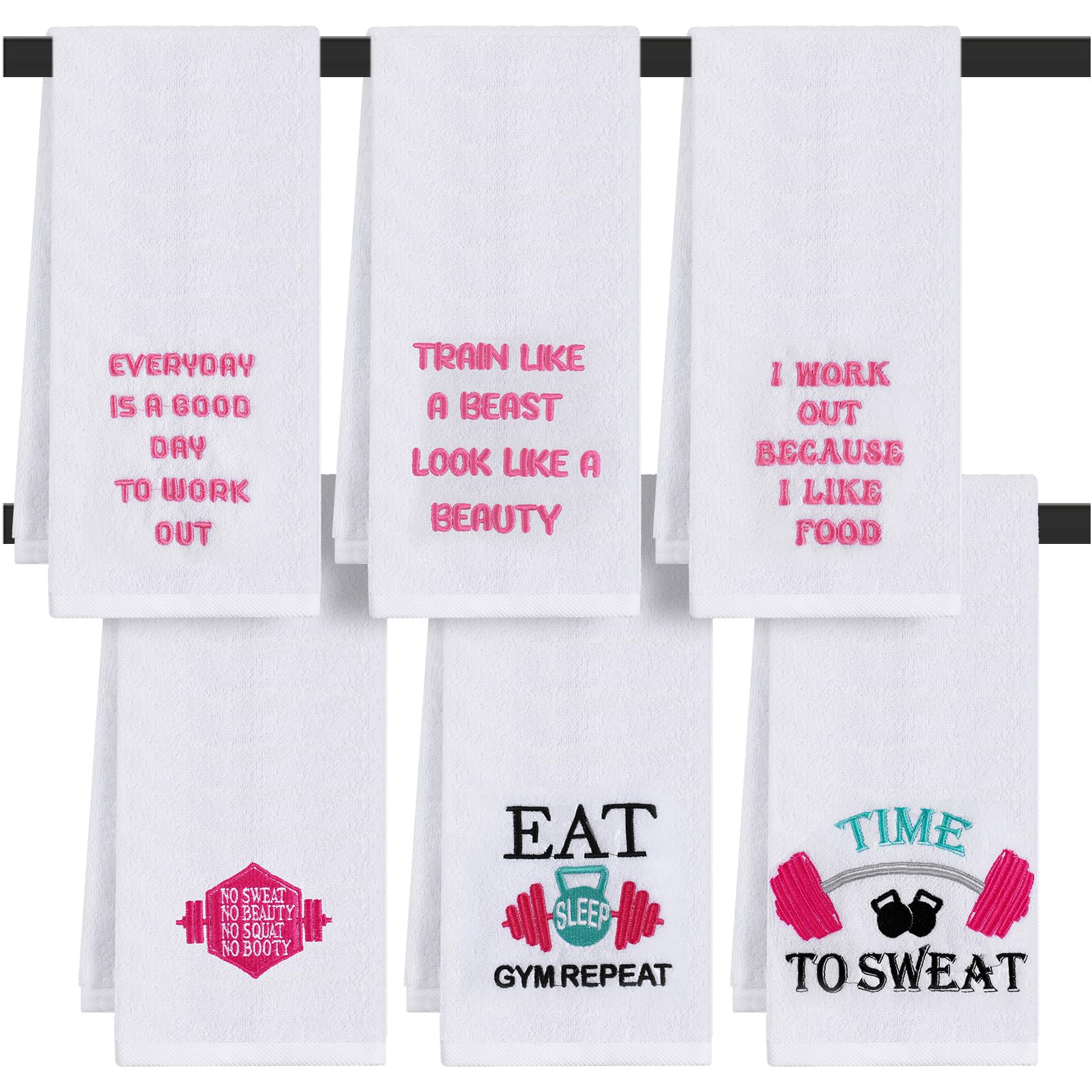 Hahafelt 6 Pcs Funny Novelty Fitness Gym Embroidered Towels with Quotes Pink Cotton Fitness Sweat Towels Personal Trainer Workout Gifts for Women Yoga Bodybuilding Lovers Gift