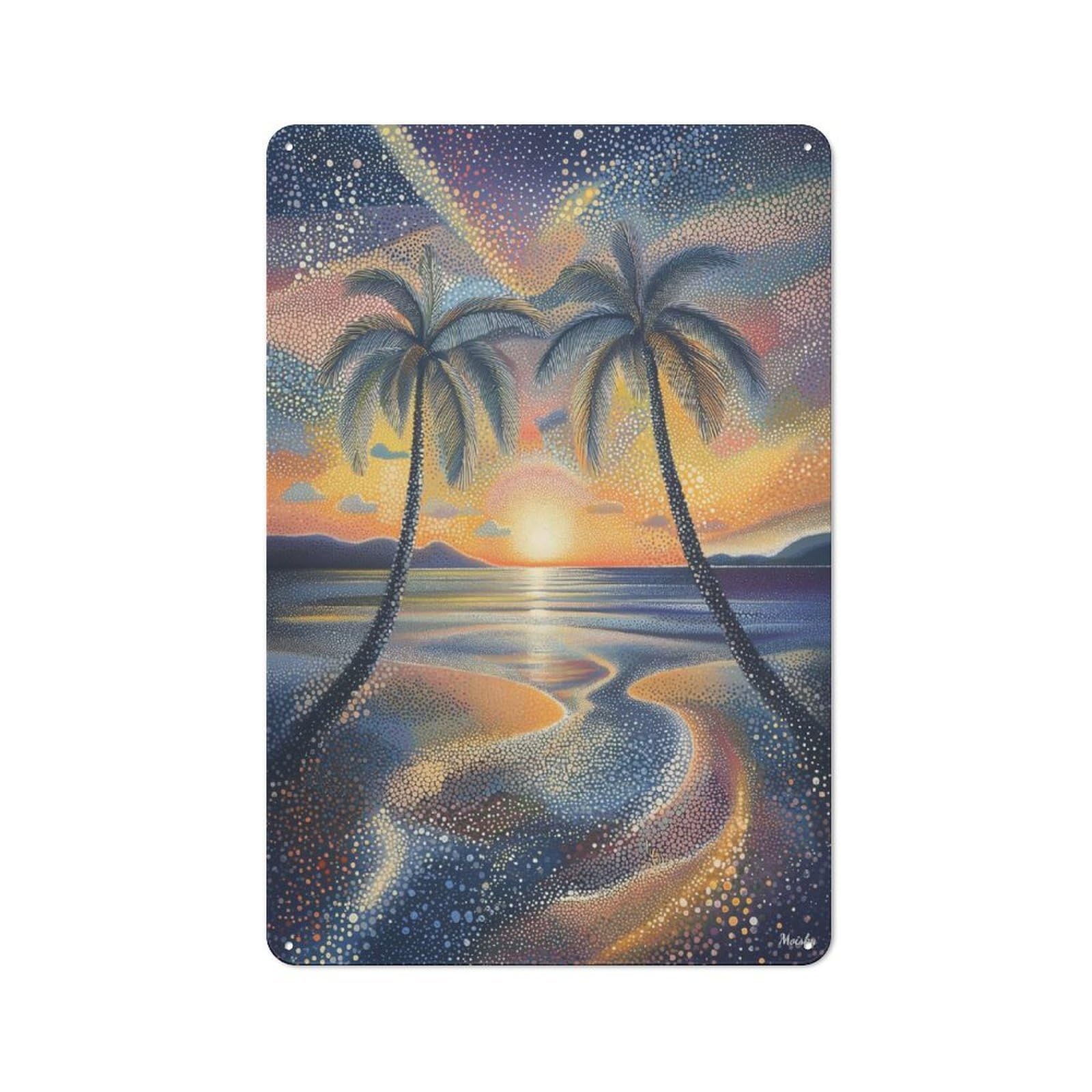 Junmoney Tropical Sunset In Pointillist Style Loft Style Metal Wall Art Sign 30X20cm Featuring Urban Room Decor For Loft, Studio, Office Or Creative Room