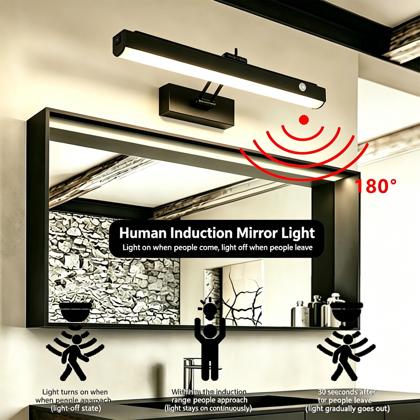 Espejo Baño LED Apliques de Pared con Interruptor Lámpara de Pared con Sensor de Movimiento Iluminación de Pared USB Recargable para Maquillaje Baño Dormitorios (Negro-Luz Cálida,42cm)