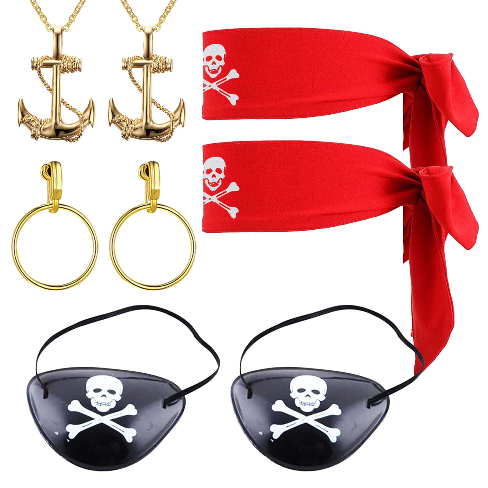 SKHAOVS 8 Piezas Juego de Accesorios para Disfraz Pirata, Bandana Pirata,Pañuelo Pirata Parche de Ojo de Pirata Pendientes Collar, para Fiesta Disfraces Halloween Cosplay Carnaval Fiesta