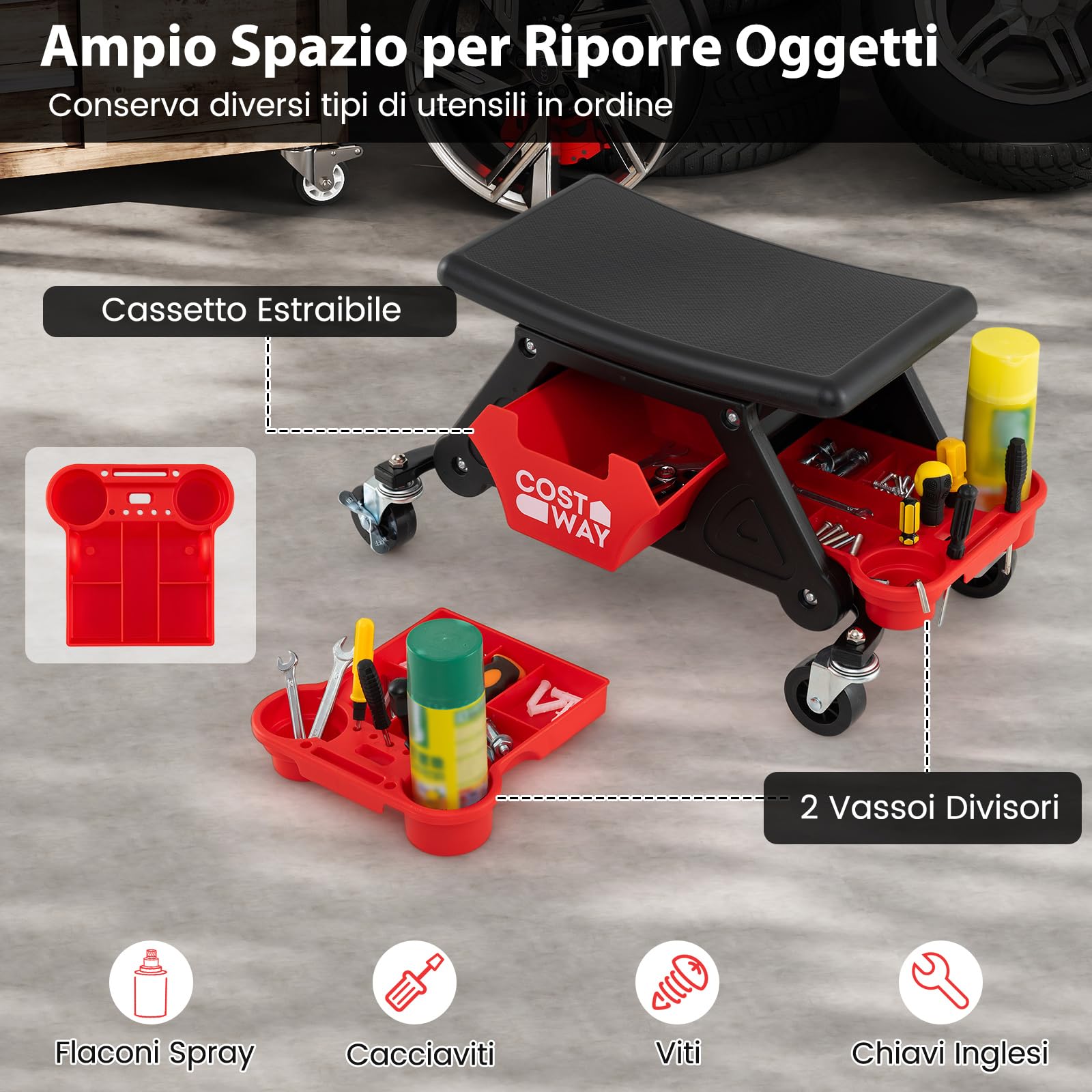 COSTWAY Sgabello da Officina con Ruote, Sedia Meccanico con Cassetto Estraibile e 2 Vassoi Divisori, Capacità di 135 kg, per Riparazione Auto, per Garage e Officina