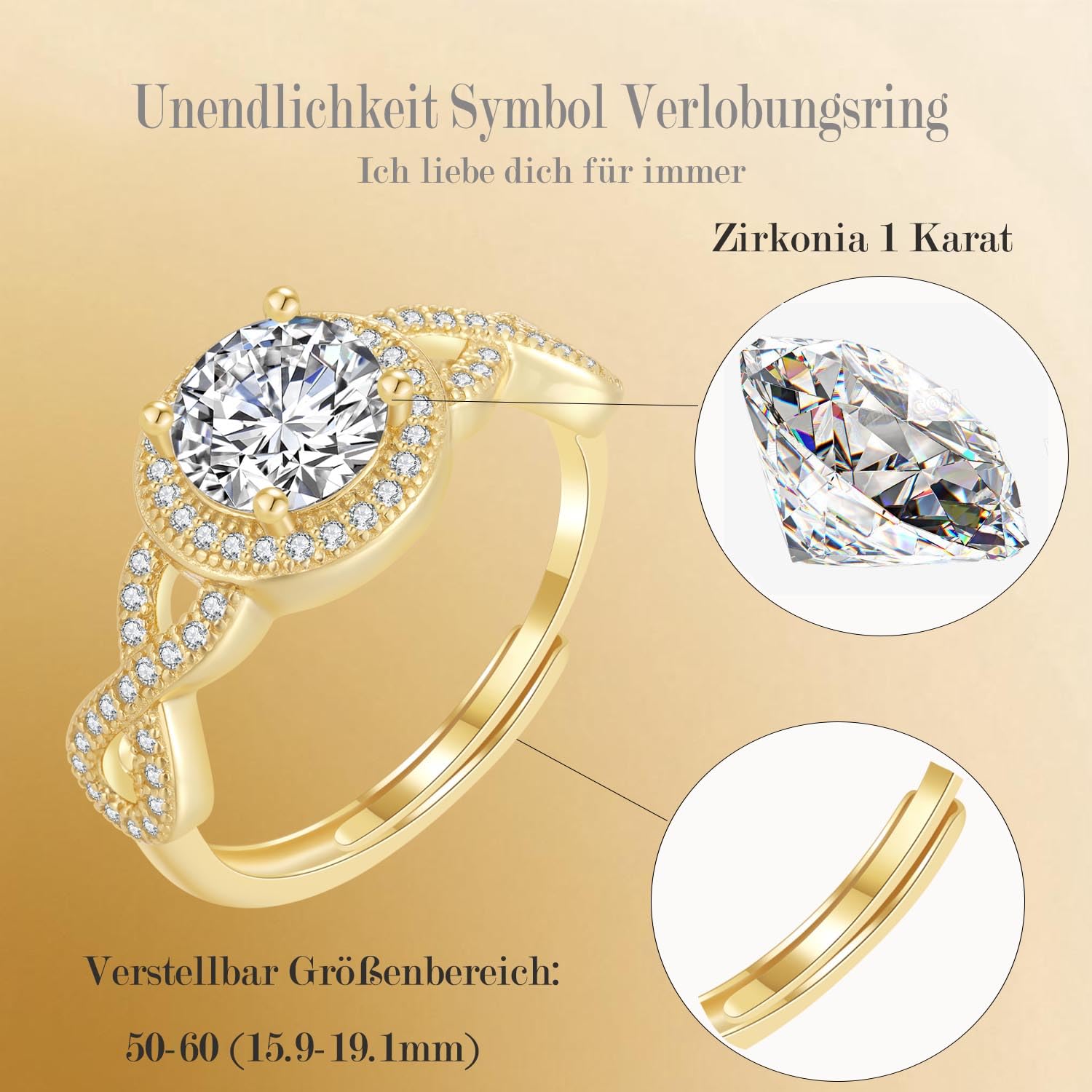 Anello Fidanzamento con Moissanite 1 Carato & Simbolo Infinito | 925 Argento Sterling Regolabile (50-60) | Anello Nuziale e Regalo in Diversi Colori | Anello da donna in oro rosa regolabile (50-60), con confezione regalo, anello di nodo d'amore, anello di
