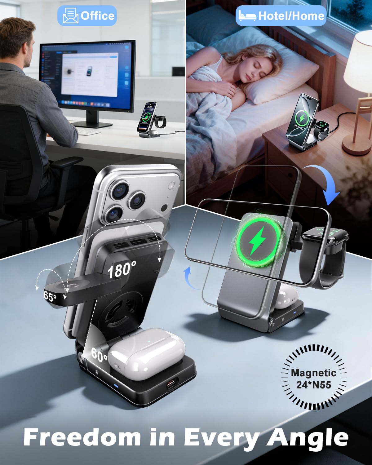 CloudValley 3 in 1 Stazione di Ricarica per iPhone AirPods e Apple Watch, Qi 2.2 25 W Ricarica Wireless Rapida, Dissipazione Attiva del Calore, Robusto e Durevole, Compatibile con MagSafe, Portatile