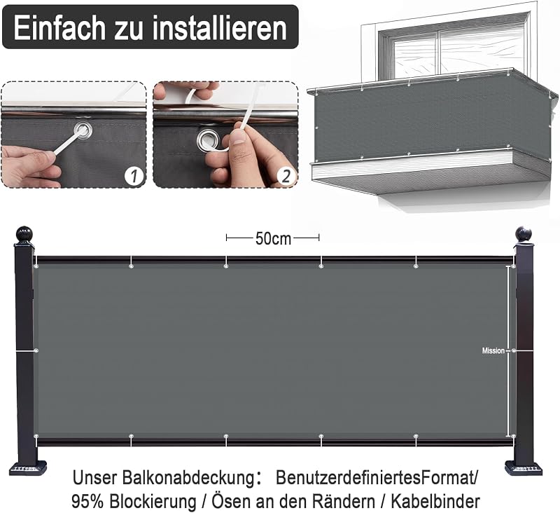 ECIT Erkély Takaró Háló 80x300 cm - Antracit Poliészter Balkonvédő, UV-álló, Időjárásálló Belátásgátló Korlátháló Kültéri Használatra, Kábel