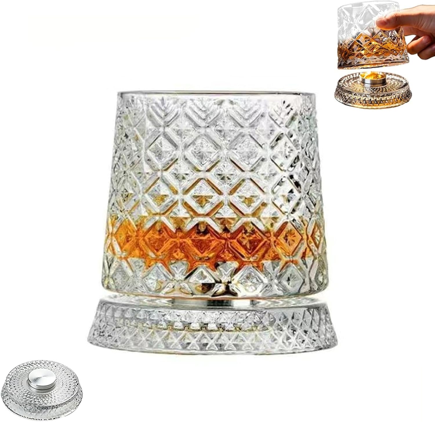 Rotating Whiskey Glass 360 Degree, Crystal Spinning Tumbler with Stable Swivel Base, Clear Rotatable Wine Cup for Home Bar, Tastings Use (2 Pcs,Ice Flower Style)